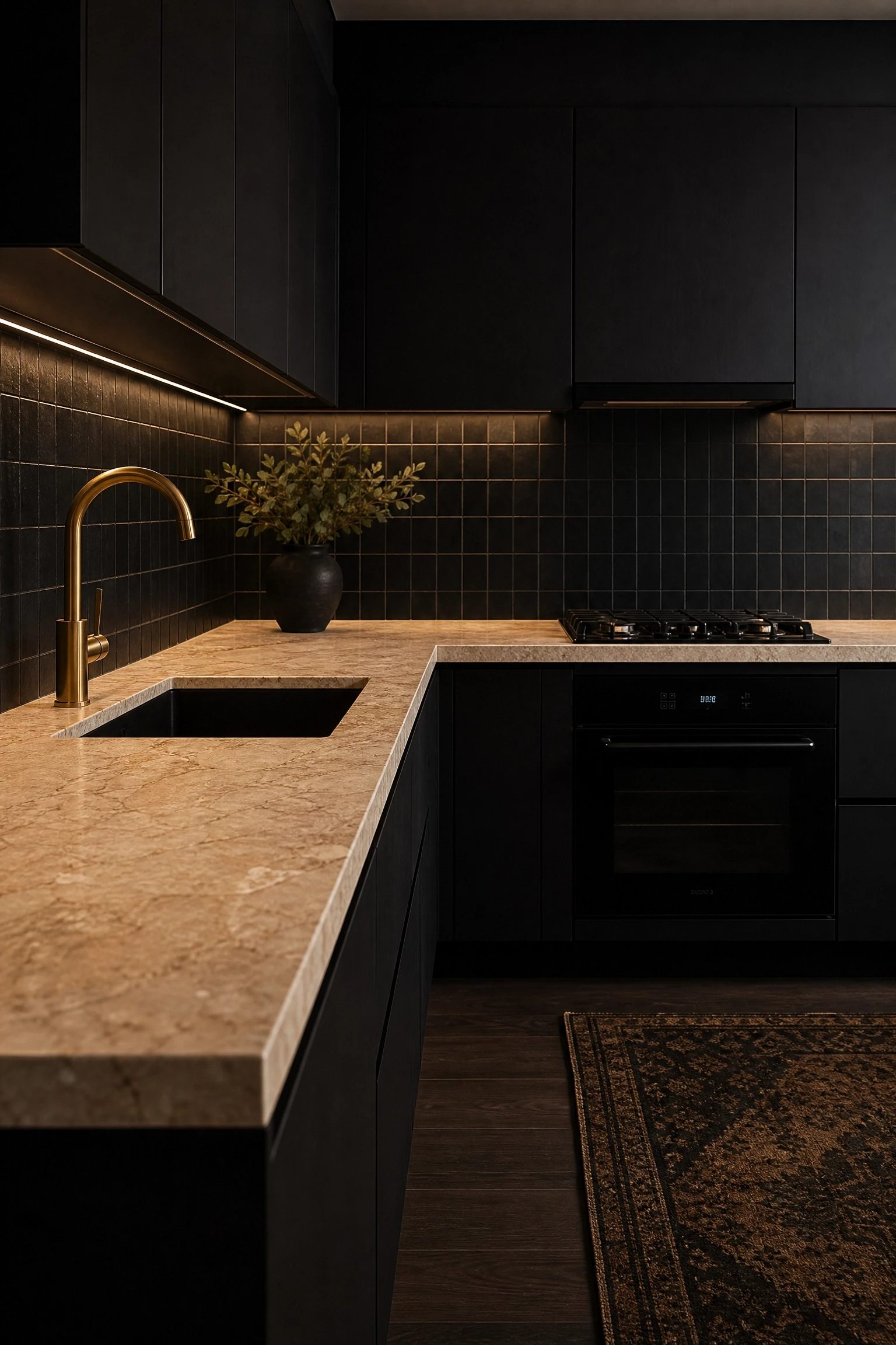 predominantly black kitchen with beige stone countertops