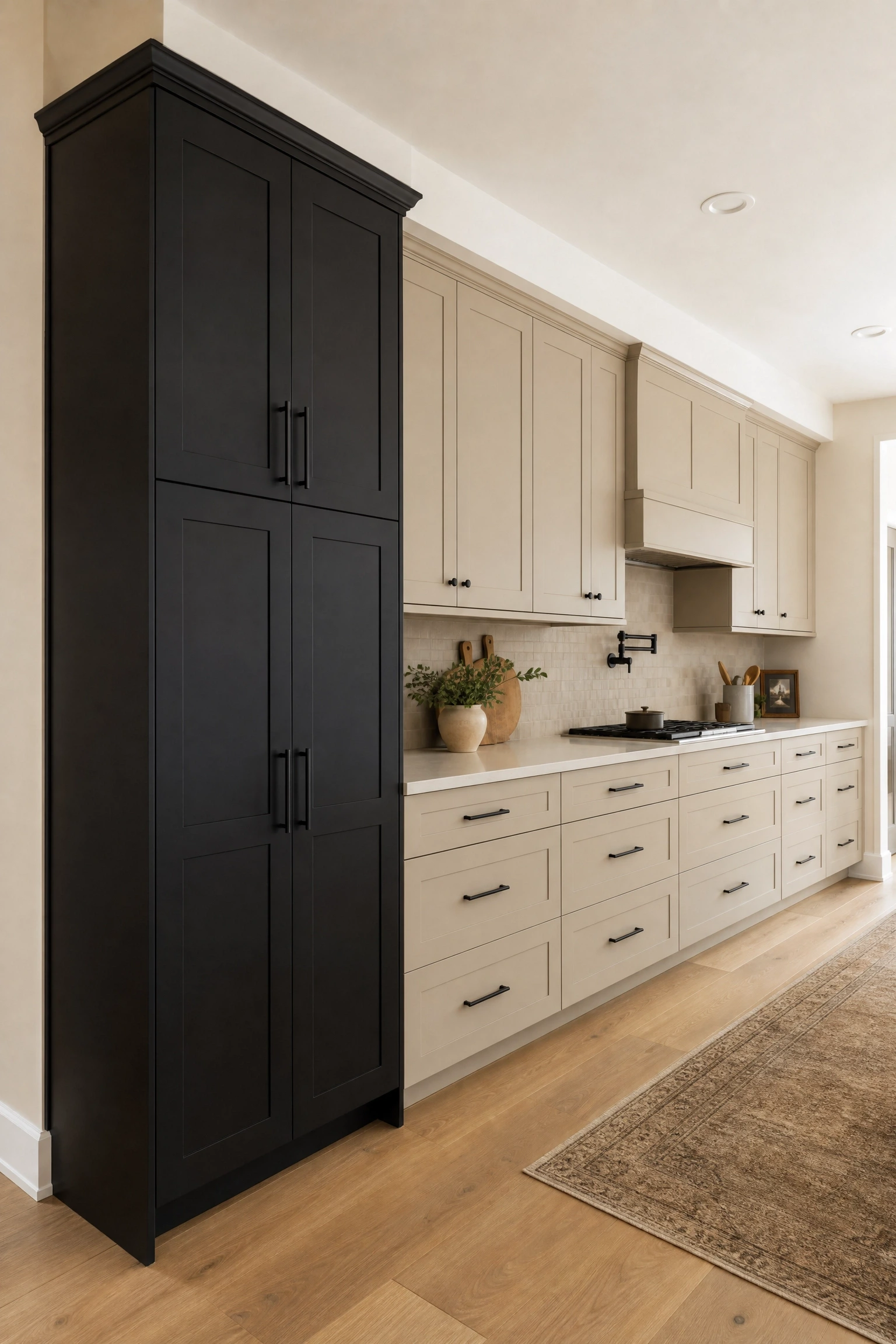 two-tone beige and black cabinetry on the same wall in a kitchen