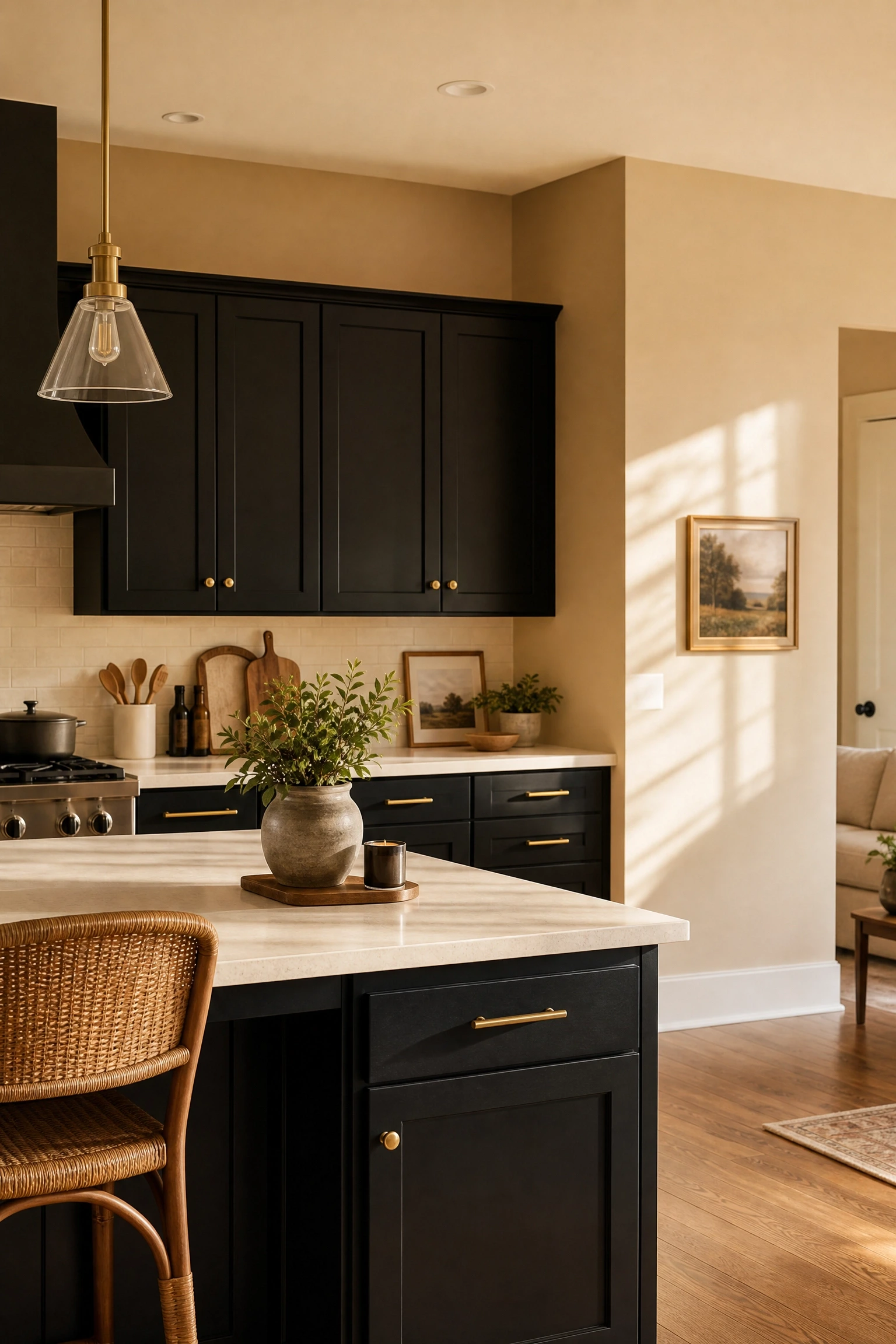 warm beige walls with black cabinetry in a kitchen