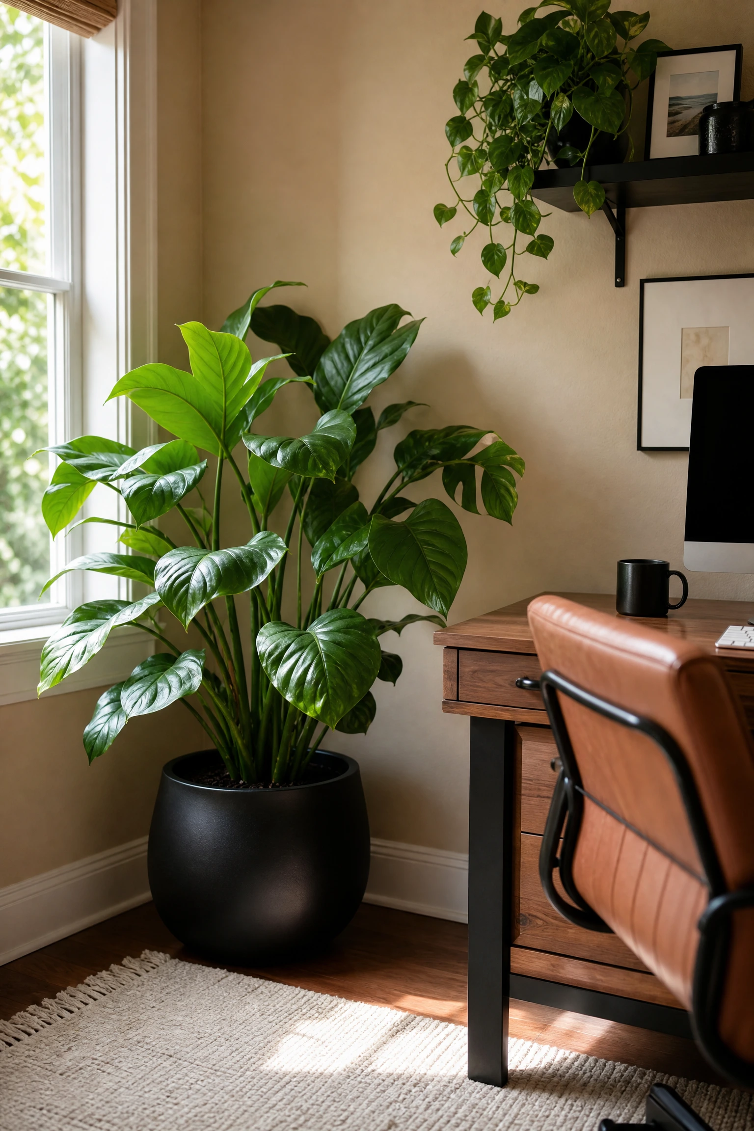 biophilic design in a black and beige office: greenery as the third color