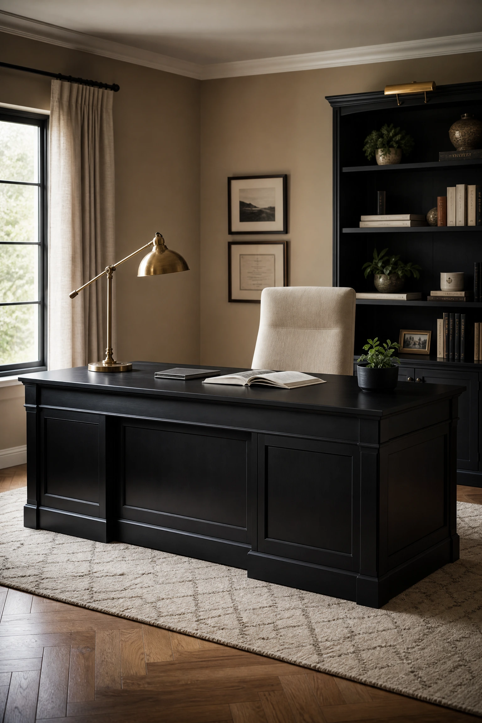 contrast through scale: the oversized black desk anchor in a office