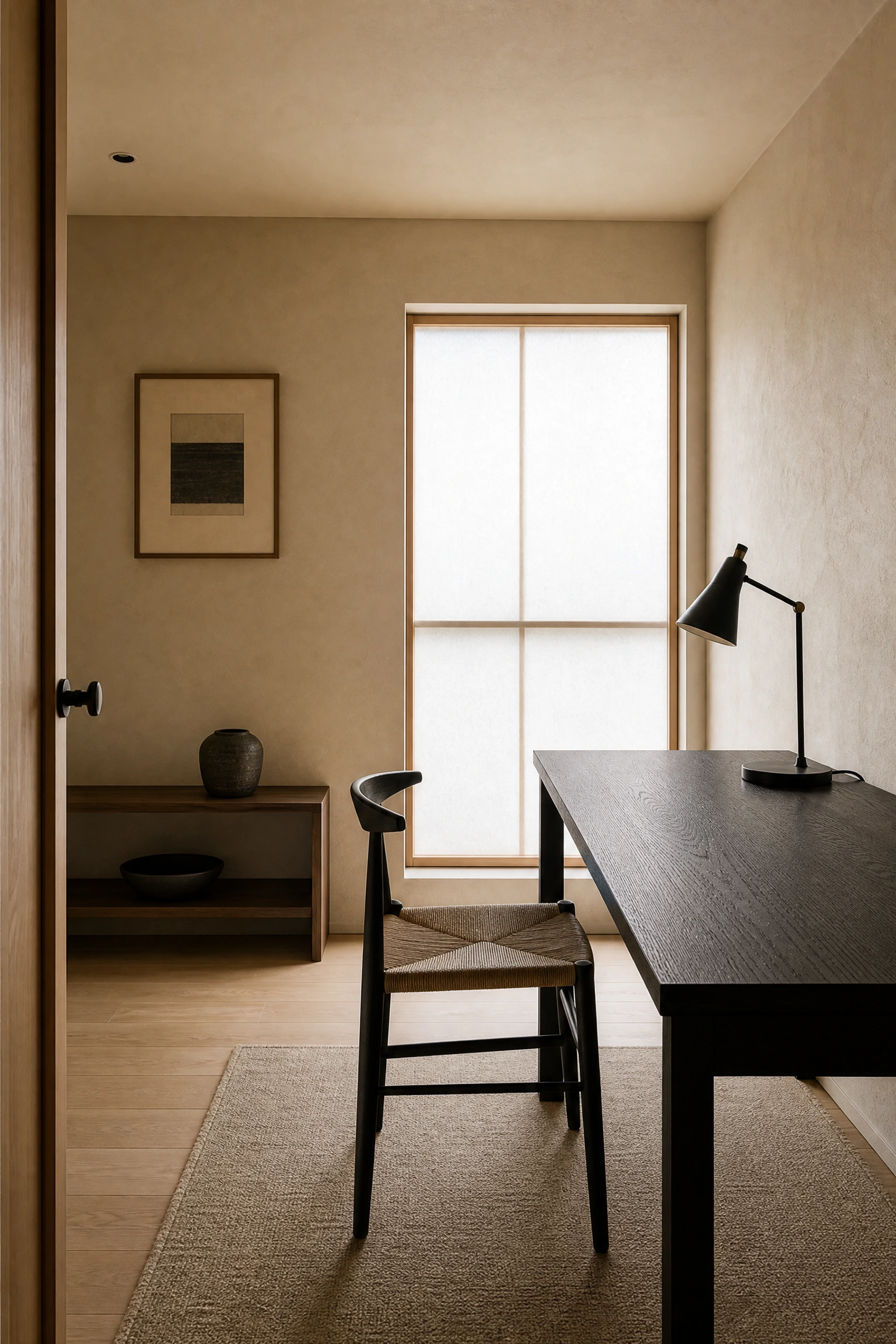 japandi influence: beige plaster walls with black oak furniture in a office