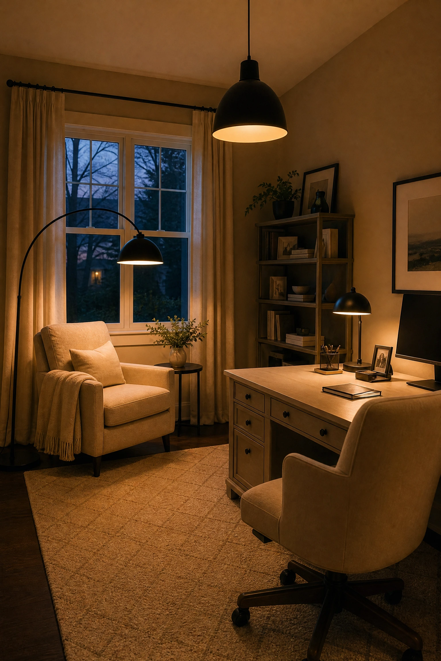 layered lighting and color temperature: warm beige vs. cool black fixtures in a office