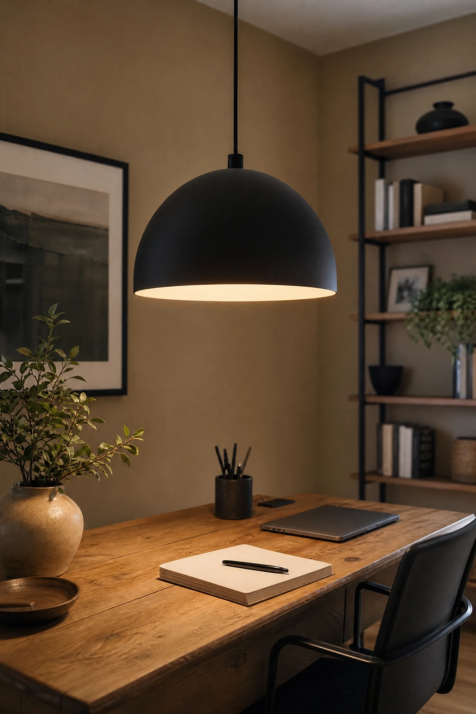 lighting drama: black pendant lights over a beige workspace in a office