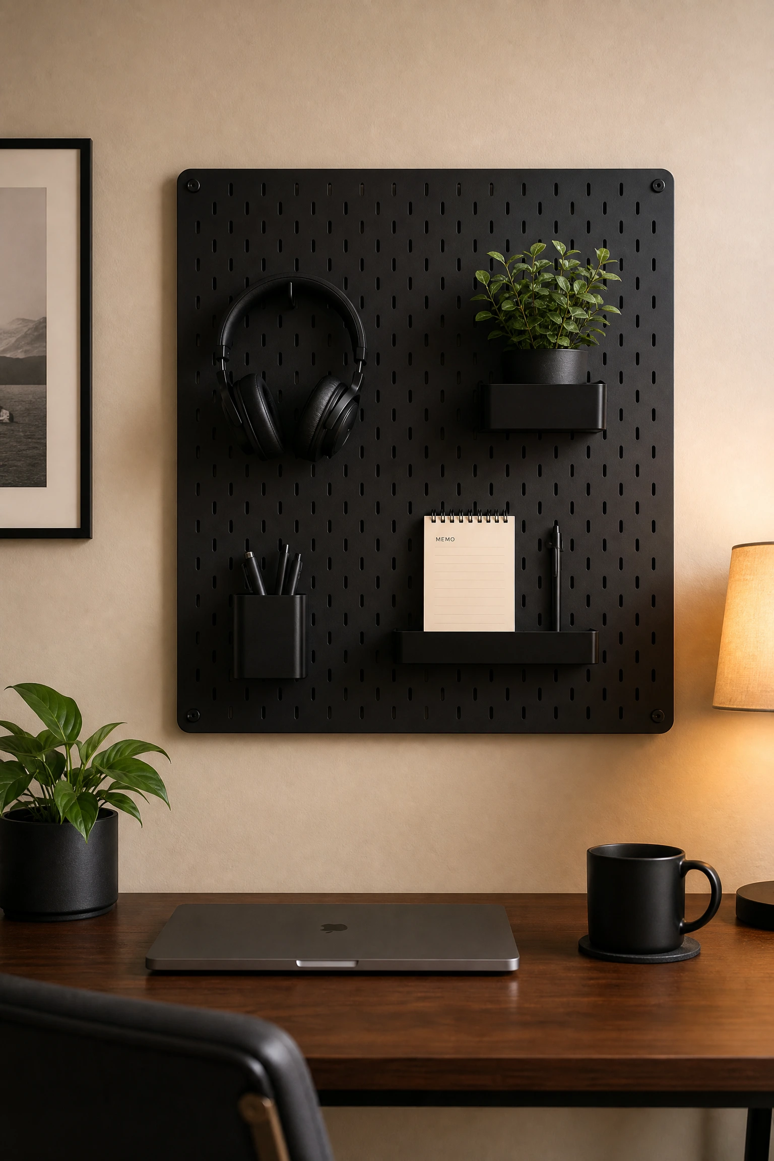 moody and functional: a black pegboard organiser on a beige wall in a office