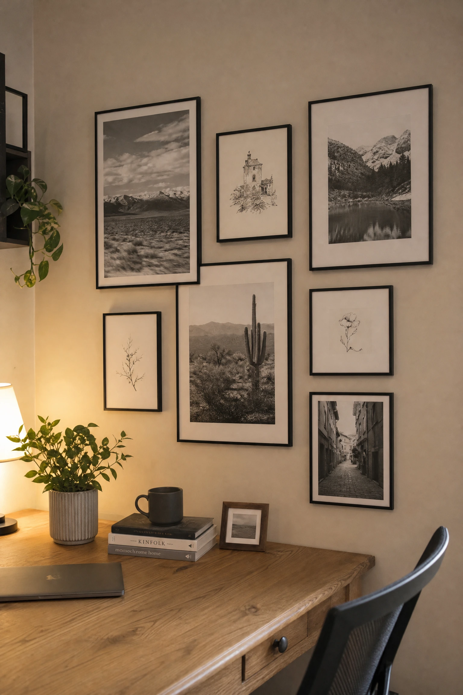 proportion and scale: slim black metal frames in a beige gallery wall in a office