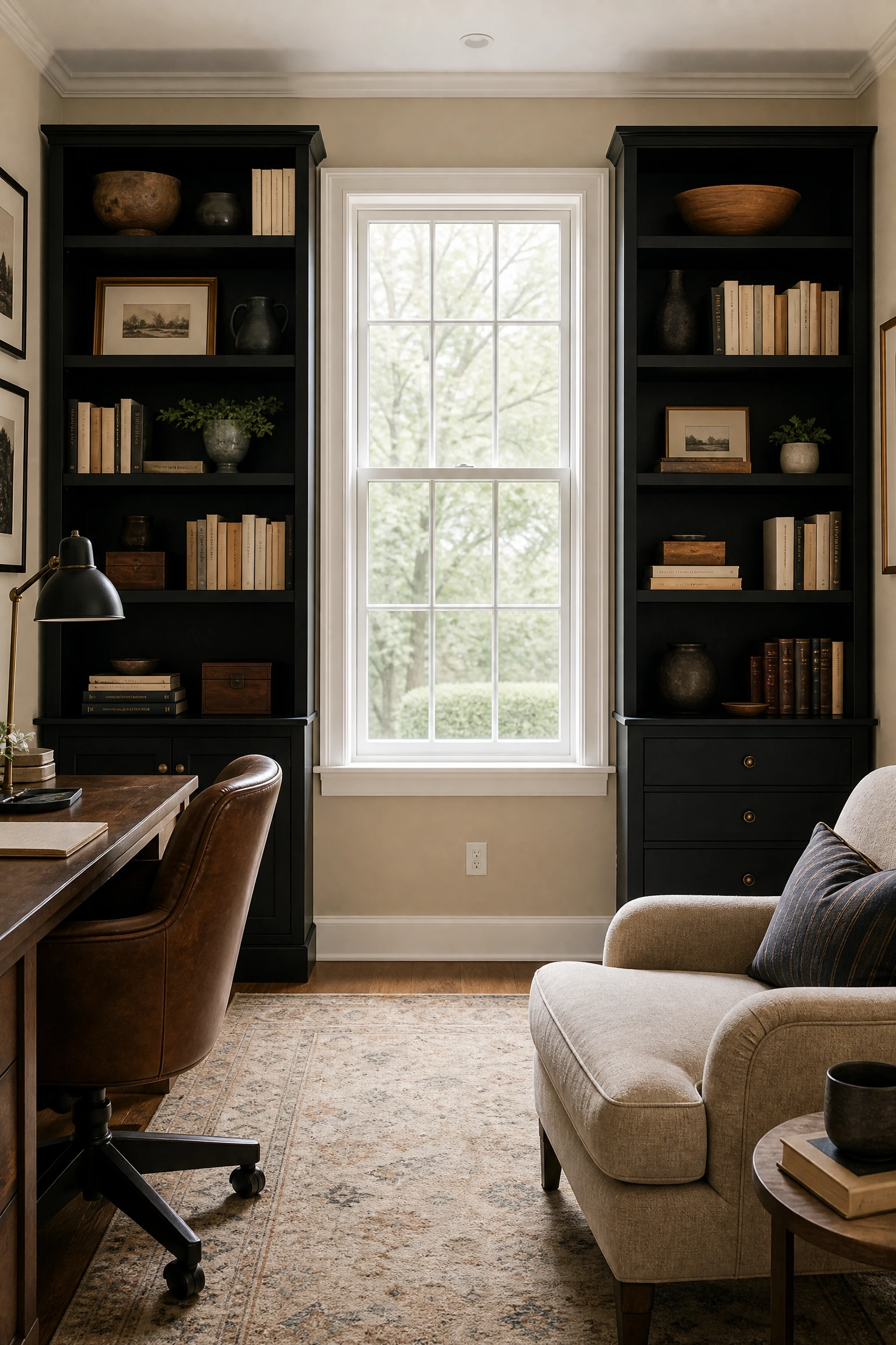 proportion rules: tall black bookcases in a beige office