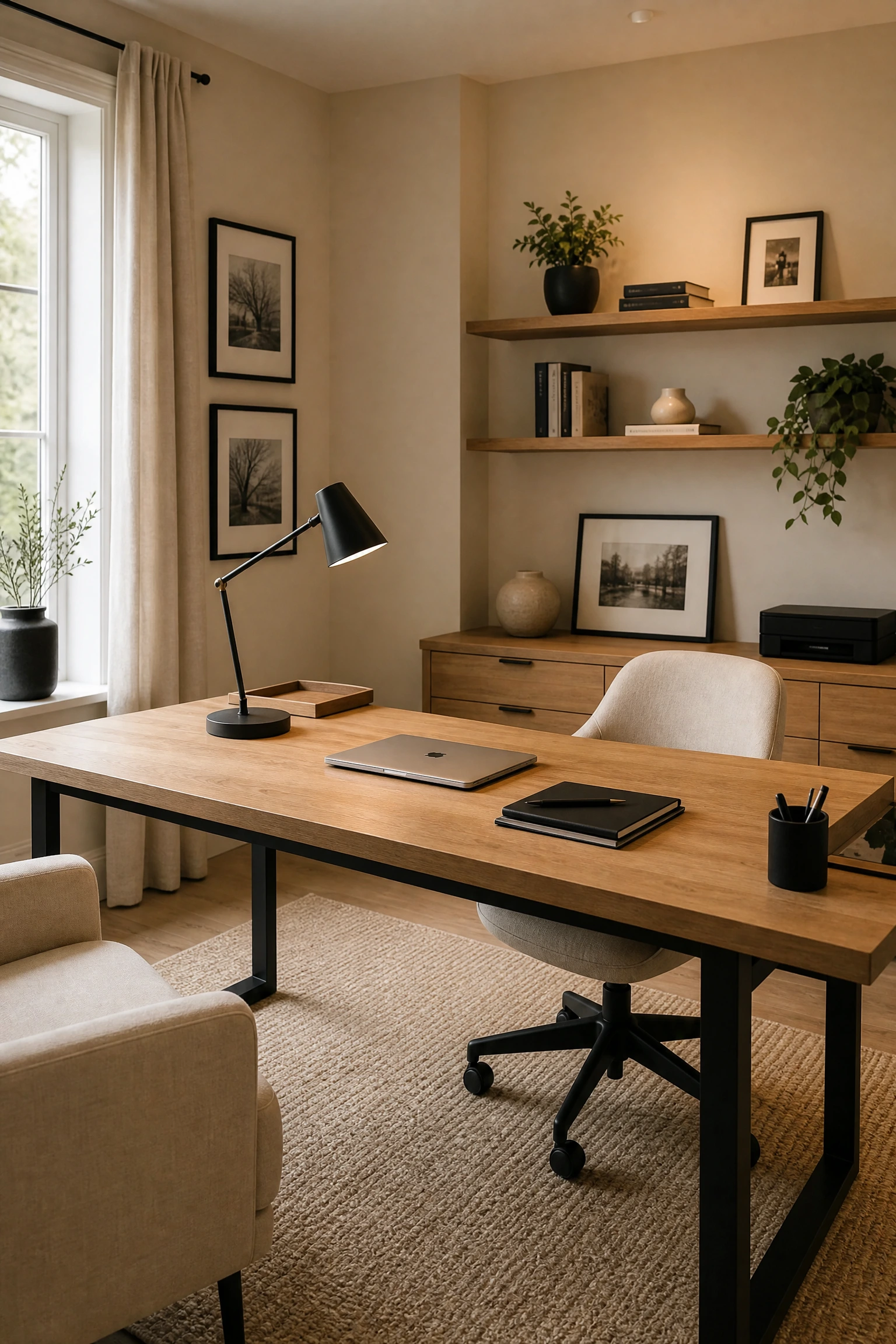 sensory calm: a neutral beige and black color ratio of 70/30 in a office
