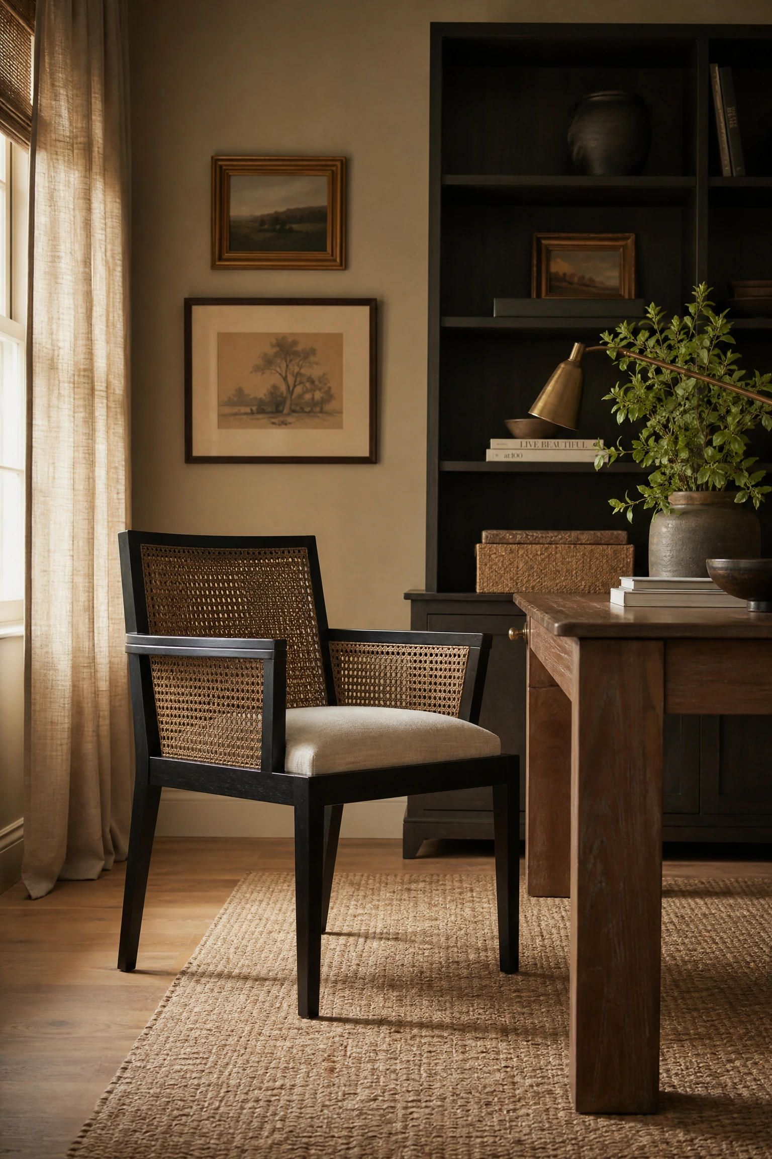 texture as a design tool: black cane furniture in a warm beige office