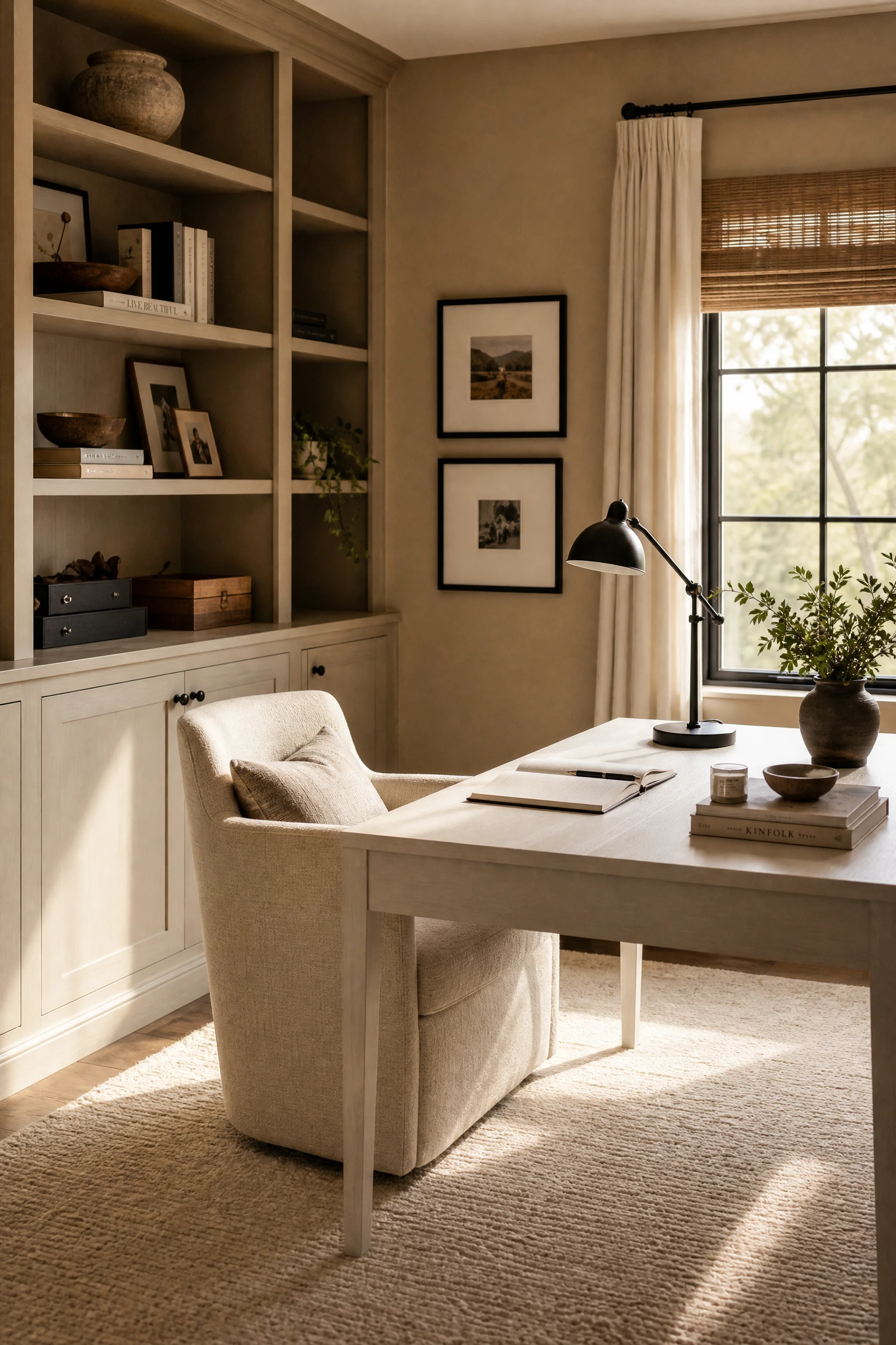 the art of layering neutrals: sand, cream, and bone alongside black in a office