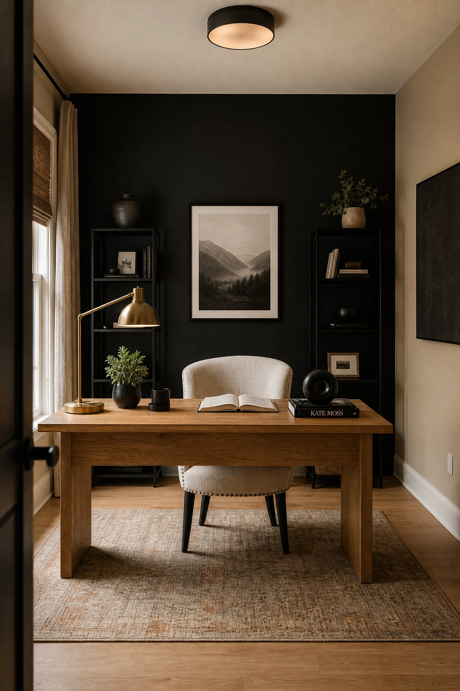the focal point principle: a black accent wall as the desk backdrop in a office