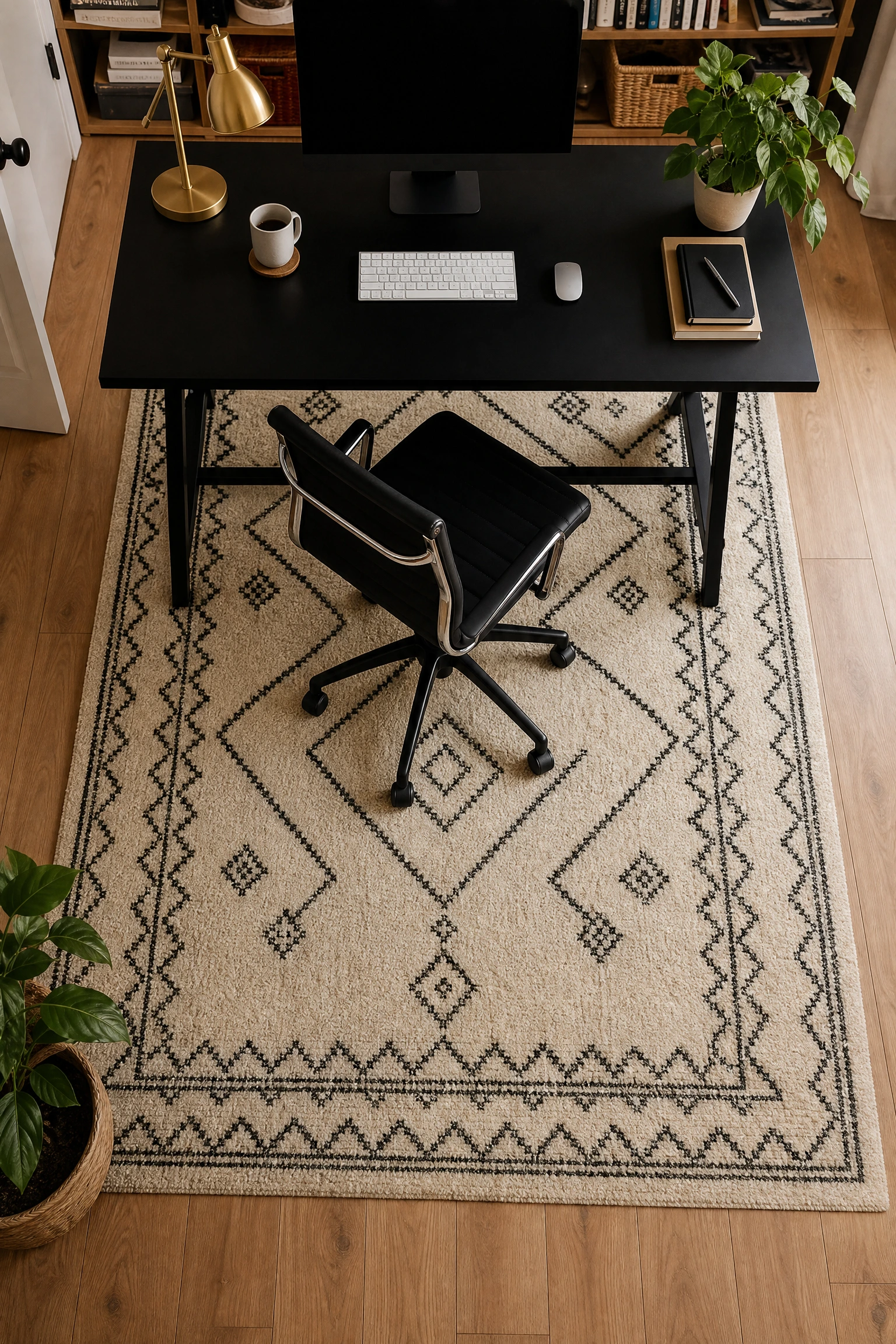 the grounding effect: a black and beige area rug to define the workspace in a office
