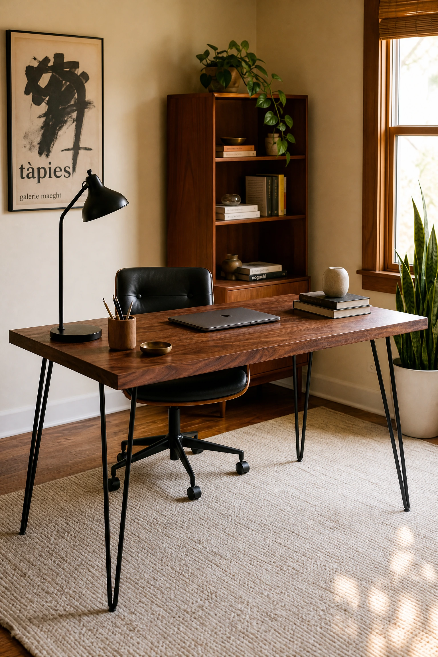 the mid-century touch: walnut and black in a beige office