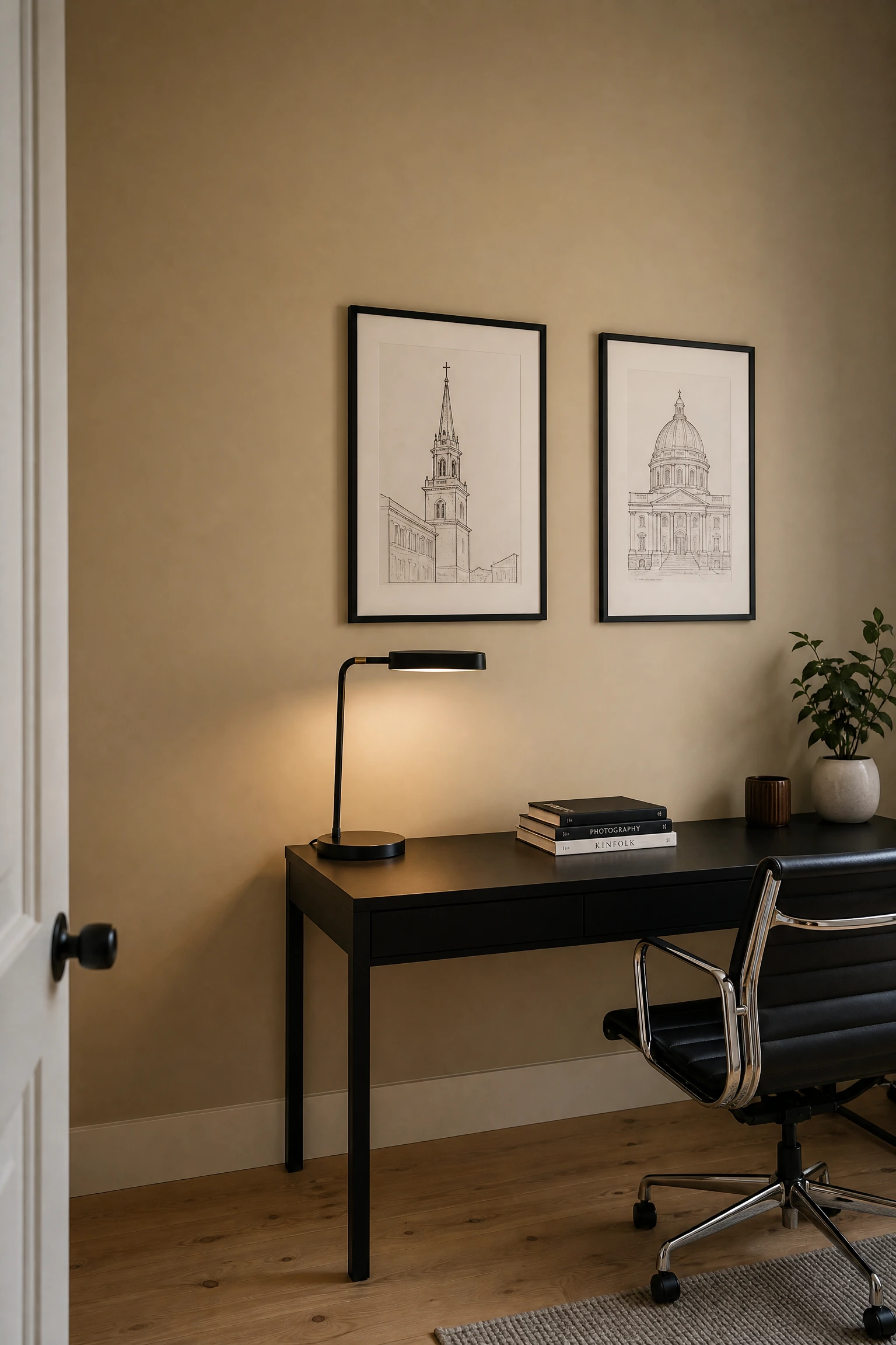the power of negative space: minimalist beige walls with black line art in a office