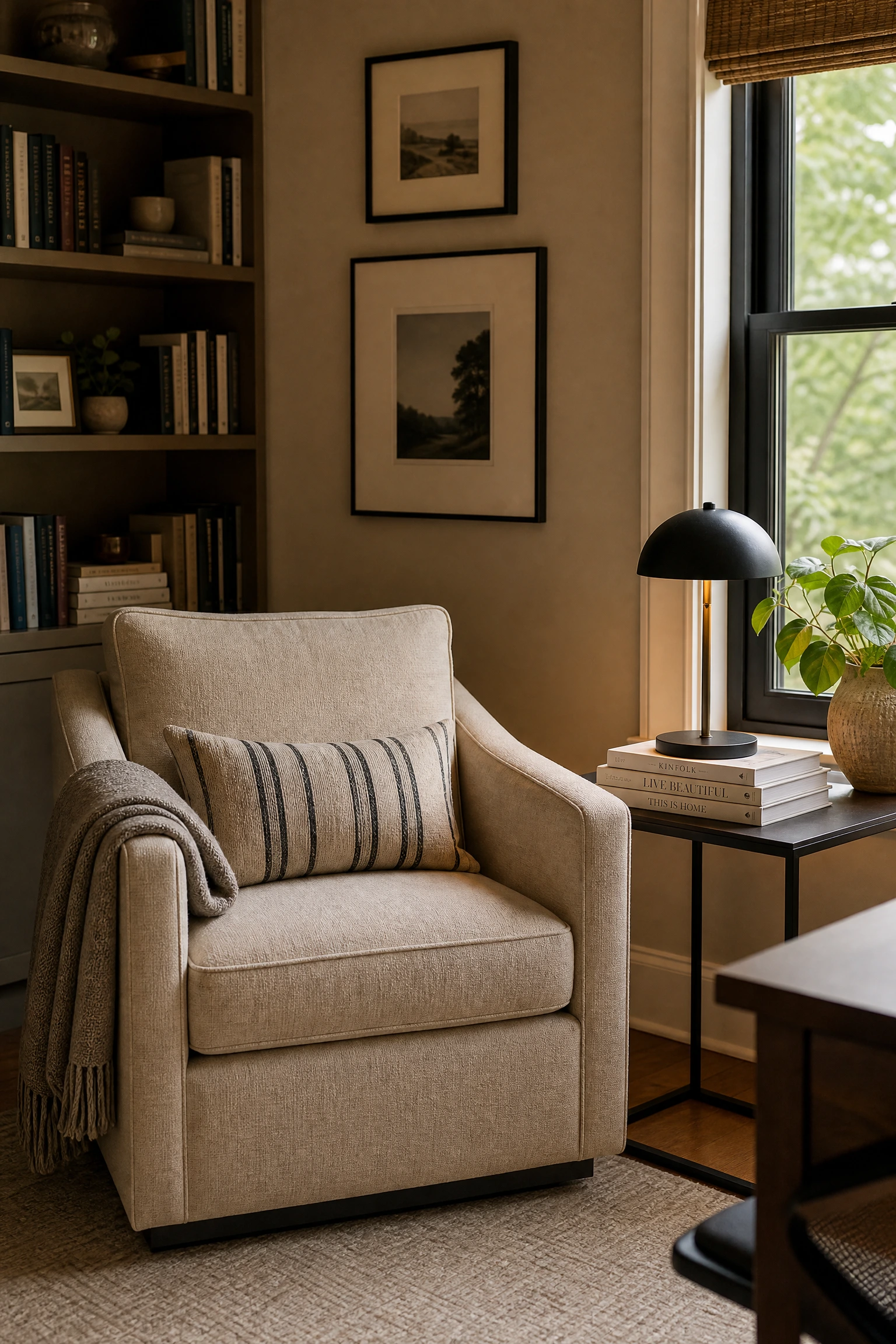 the reading nook within the office: a beige chair and black side table