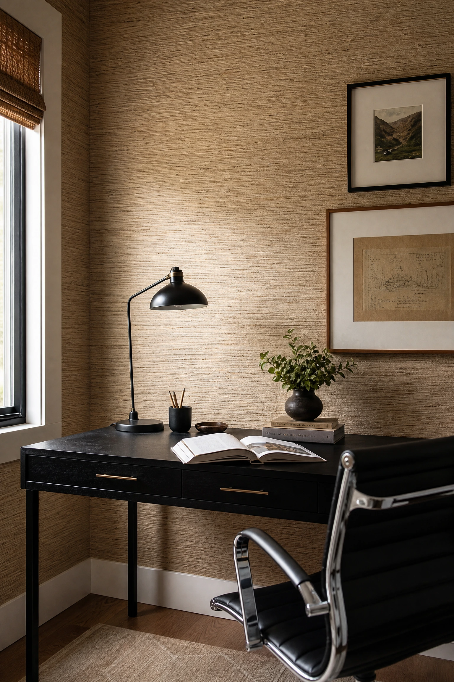 the warmth anchor: beige grasscloth wallpaper as an office feature wall