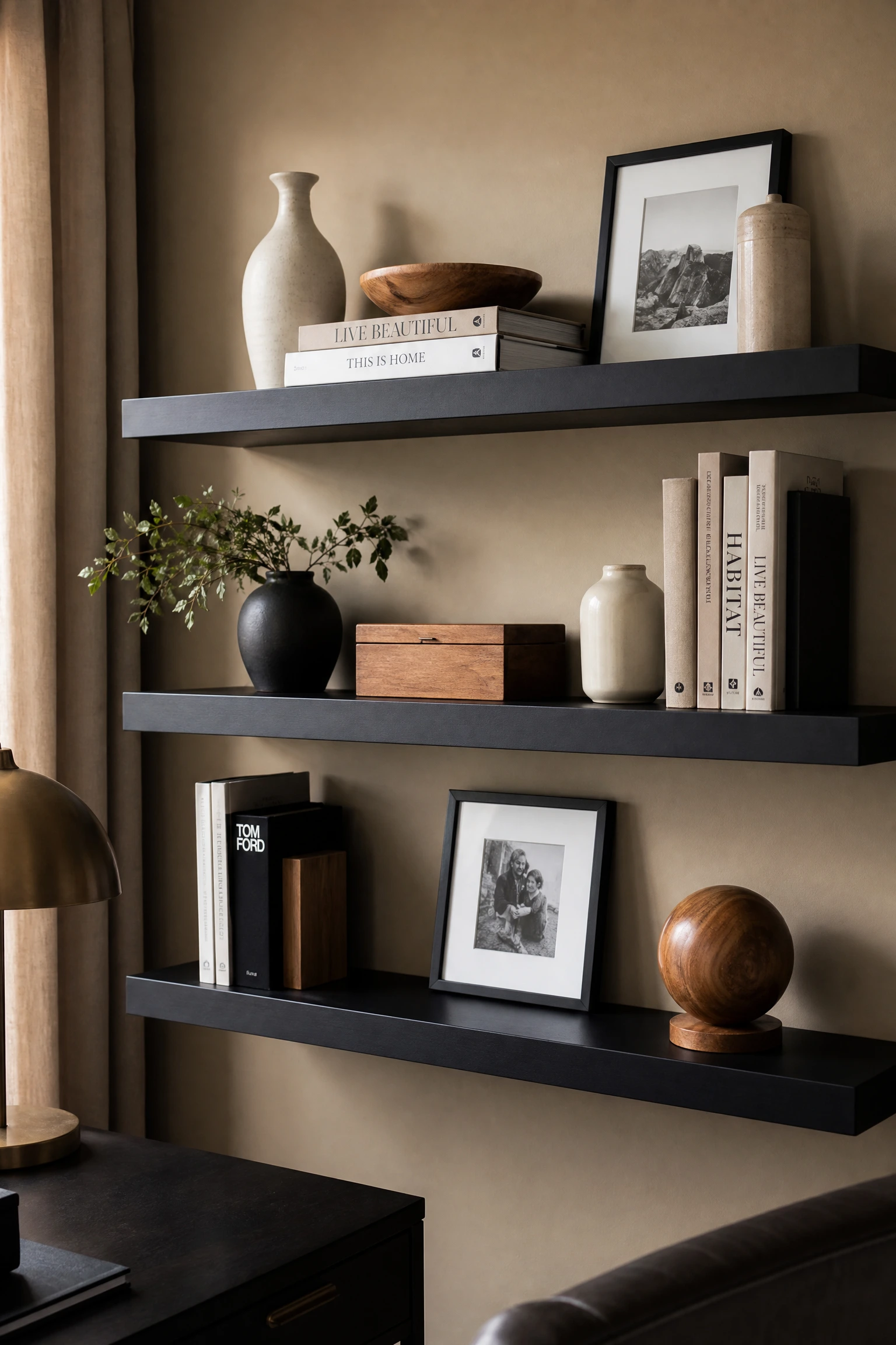 visual weight and balance: floating black shelves on a beige accent wall in a office