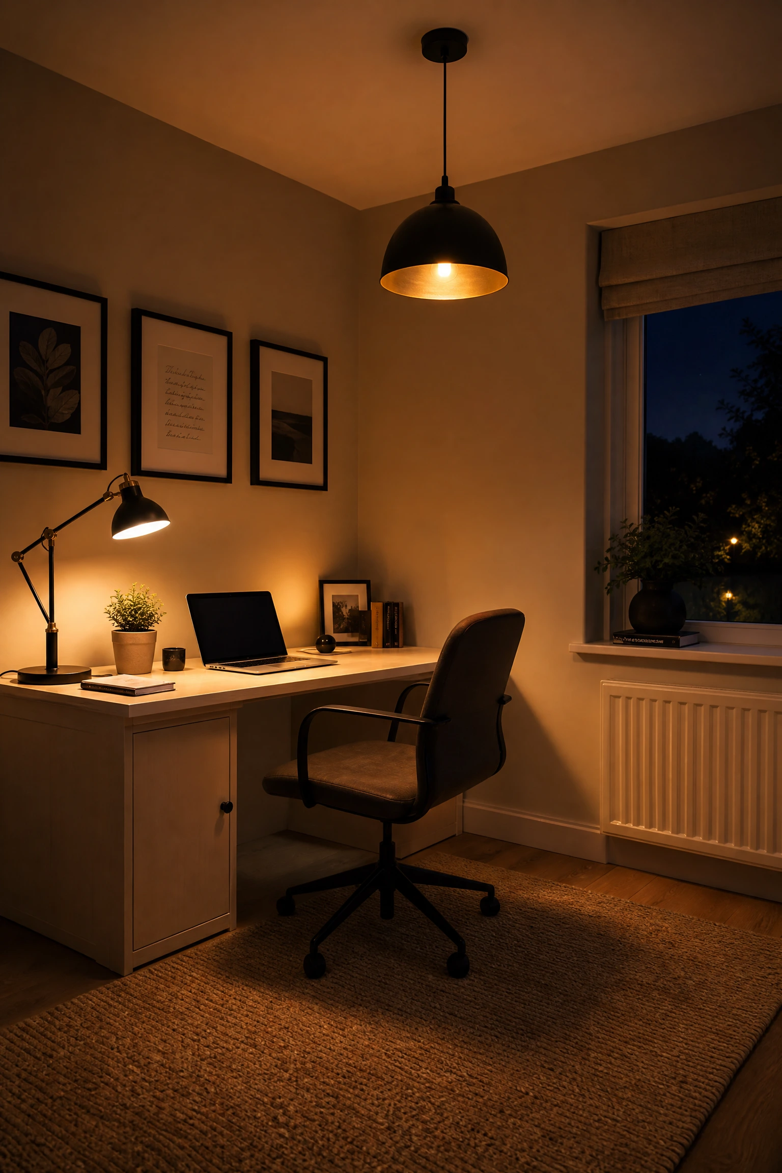 warmth through lighting temperature: amber bulbs in black fixtures in a office