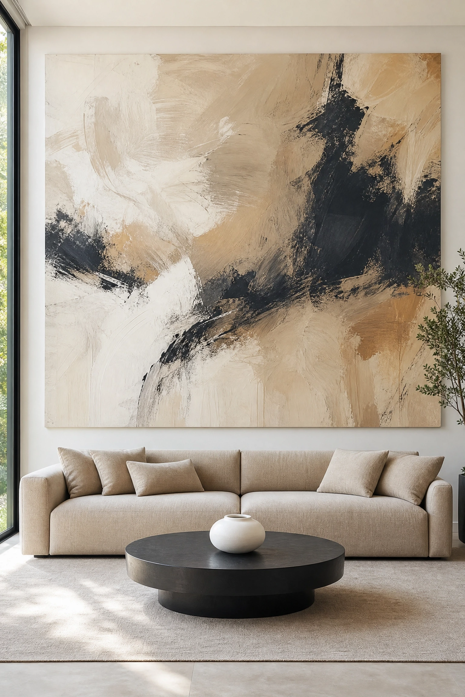 abstract art in beige, black, and white as the room's anchor in a living room