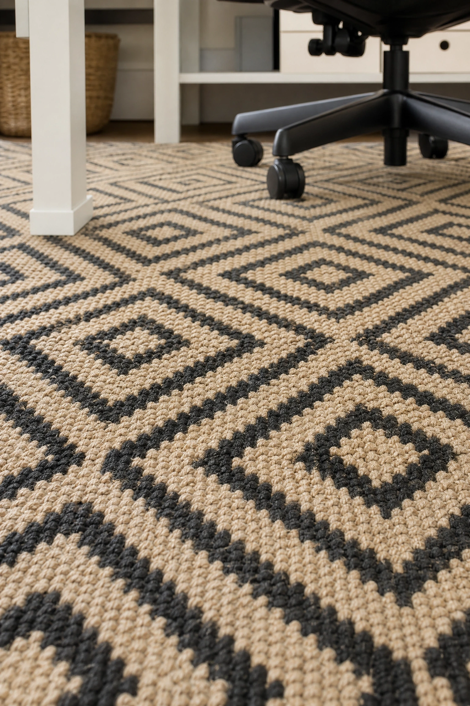 add depth with a beige and black geometric rug pattern in a office