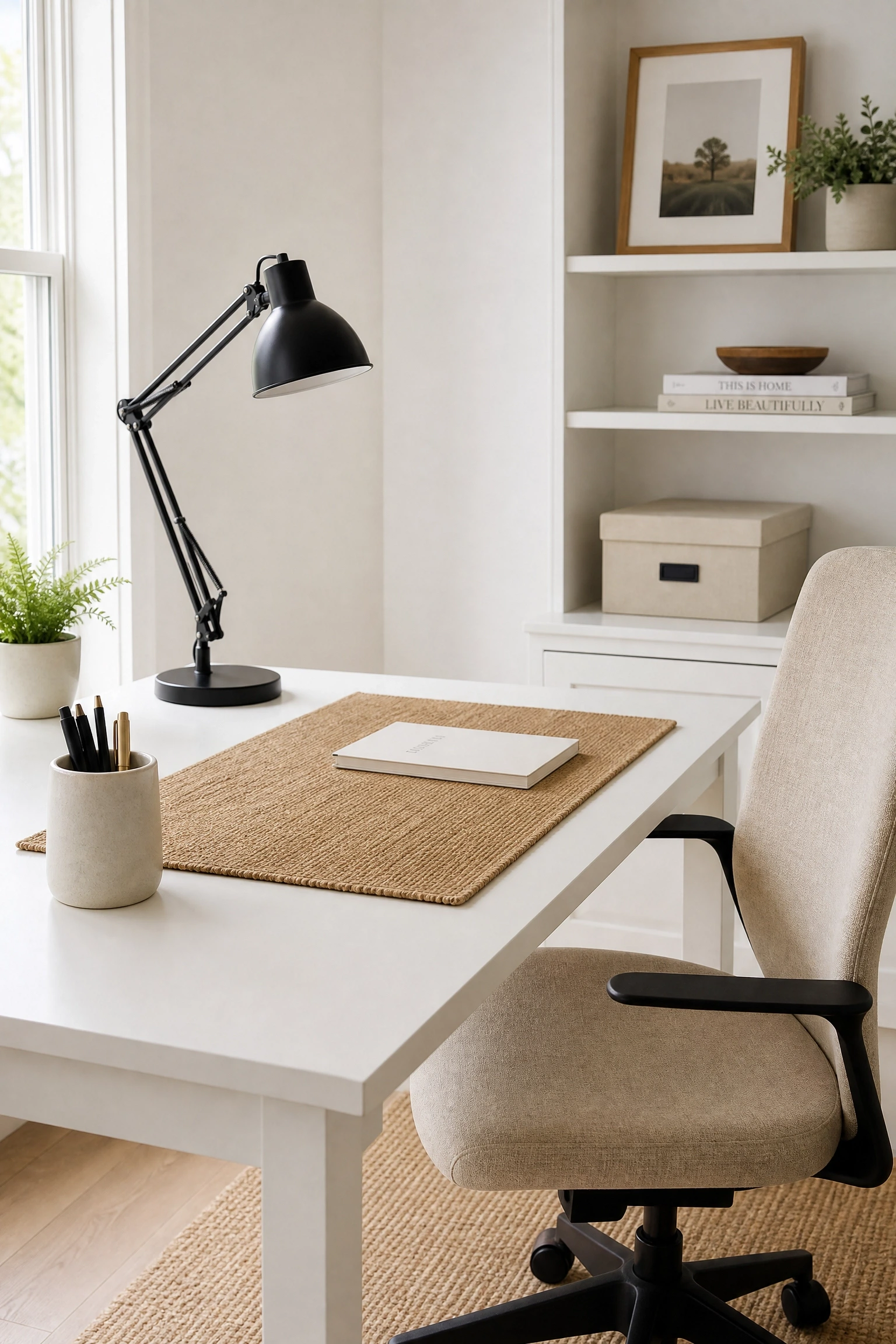 anchor the room with a white desk and let beige do the layering in a office