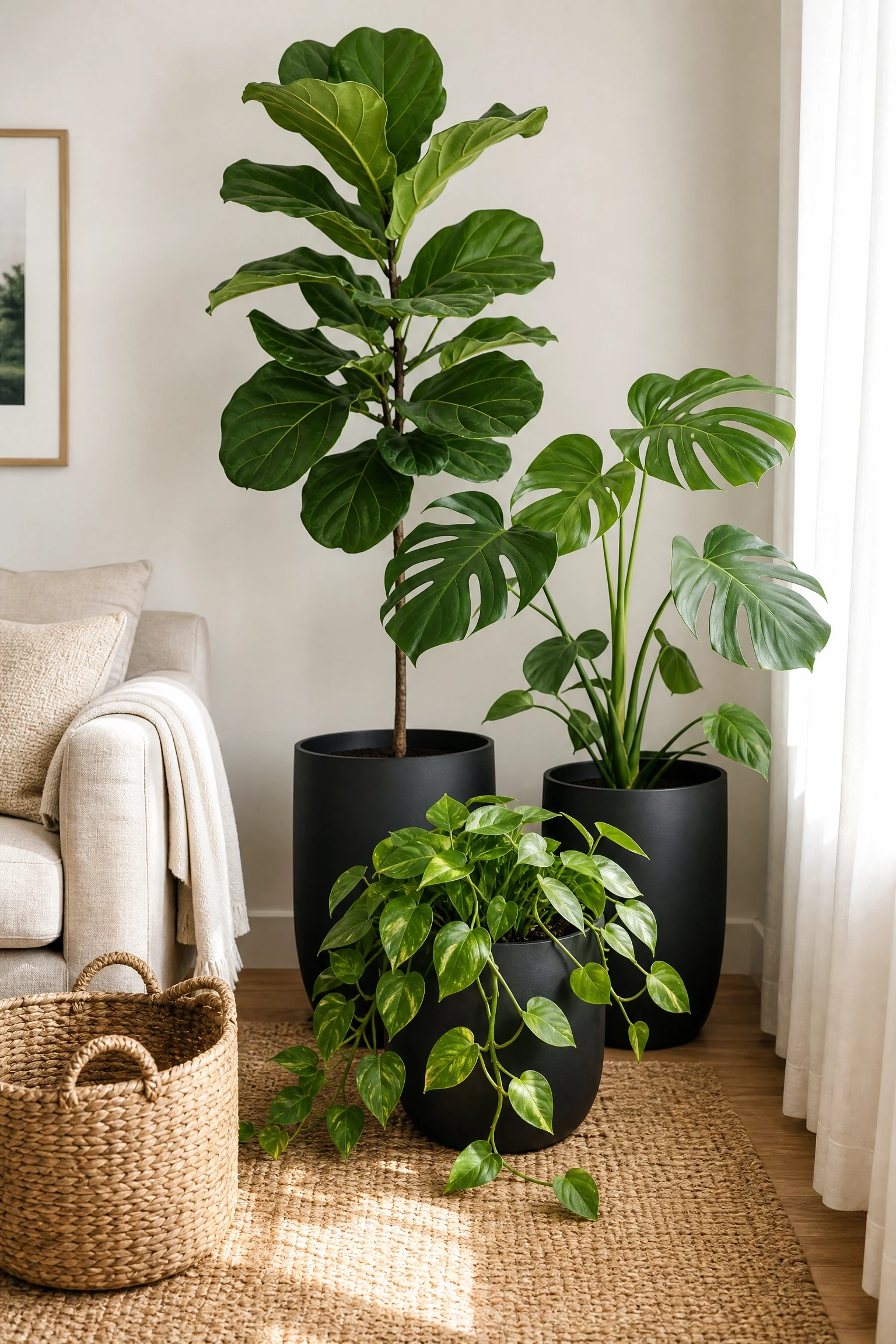 biophilic details with black planters and beige textures in a living room