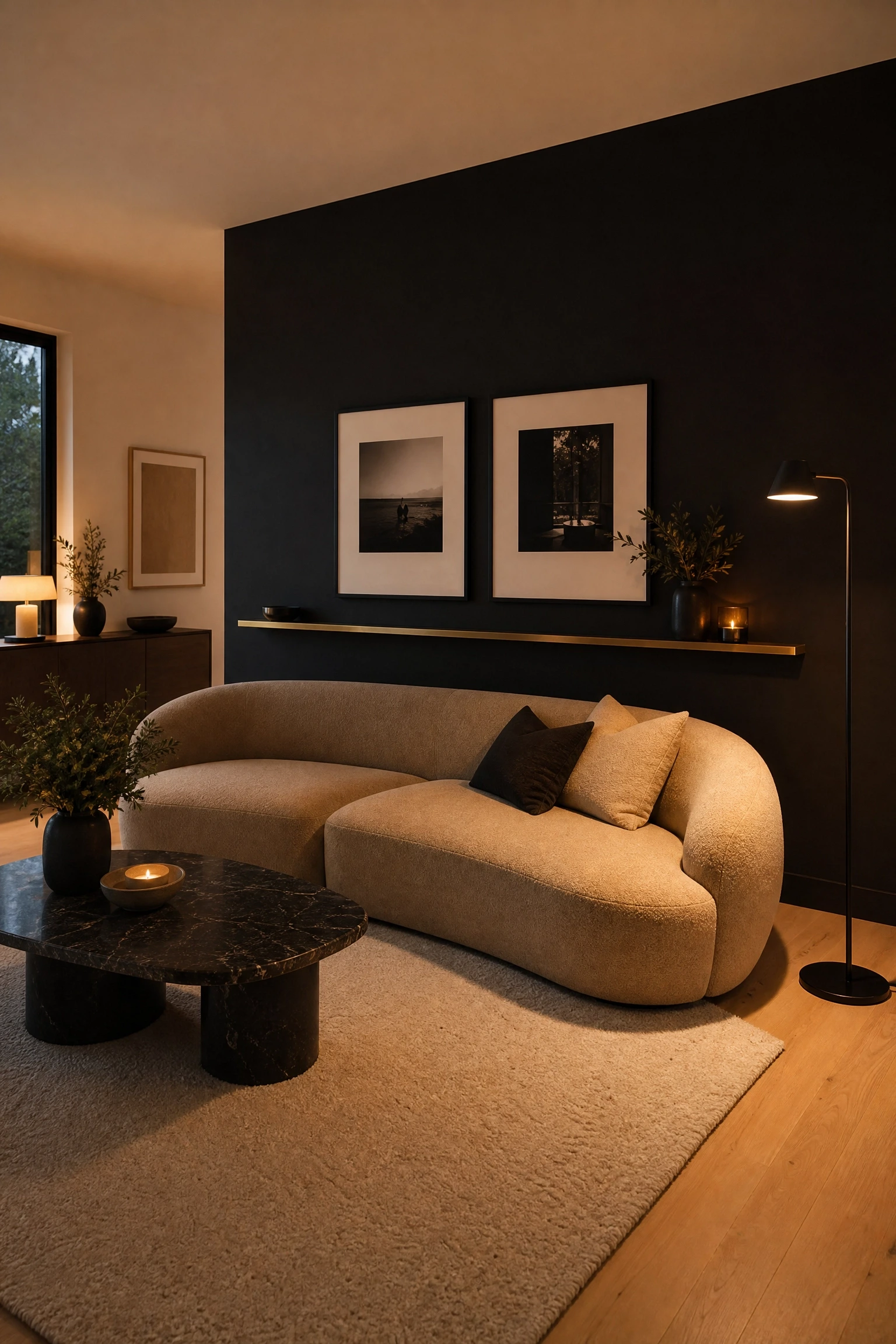 black accent wall with a curved beige sofa in a living room