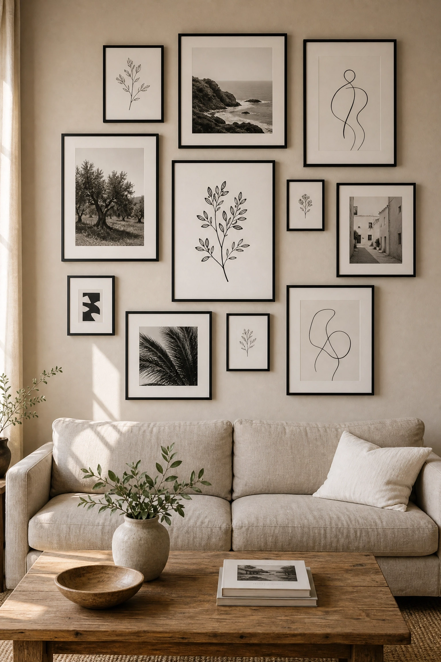 black and white gallery wall on beige-toned walls in a living room