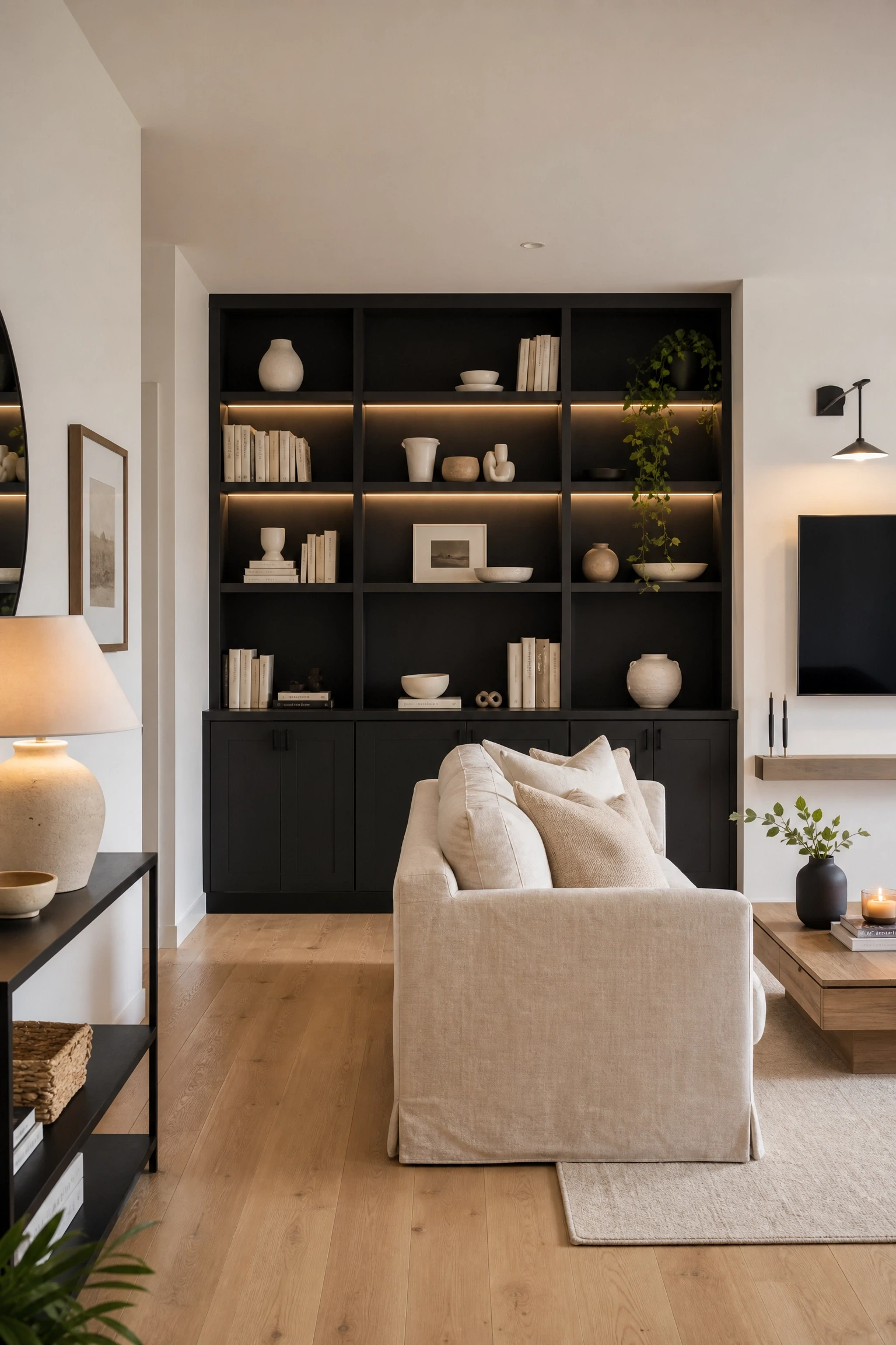 black cabinetry with white walls and beige upholstery in a living room