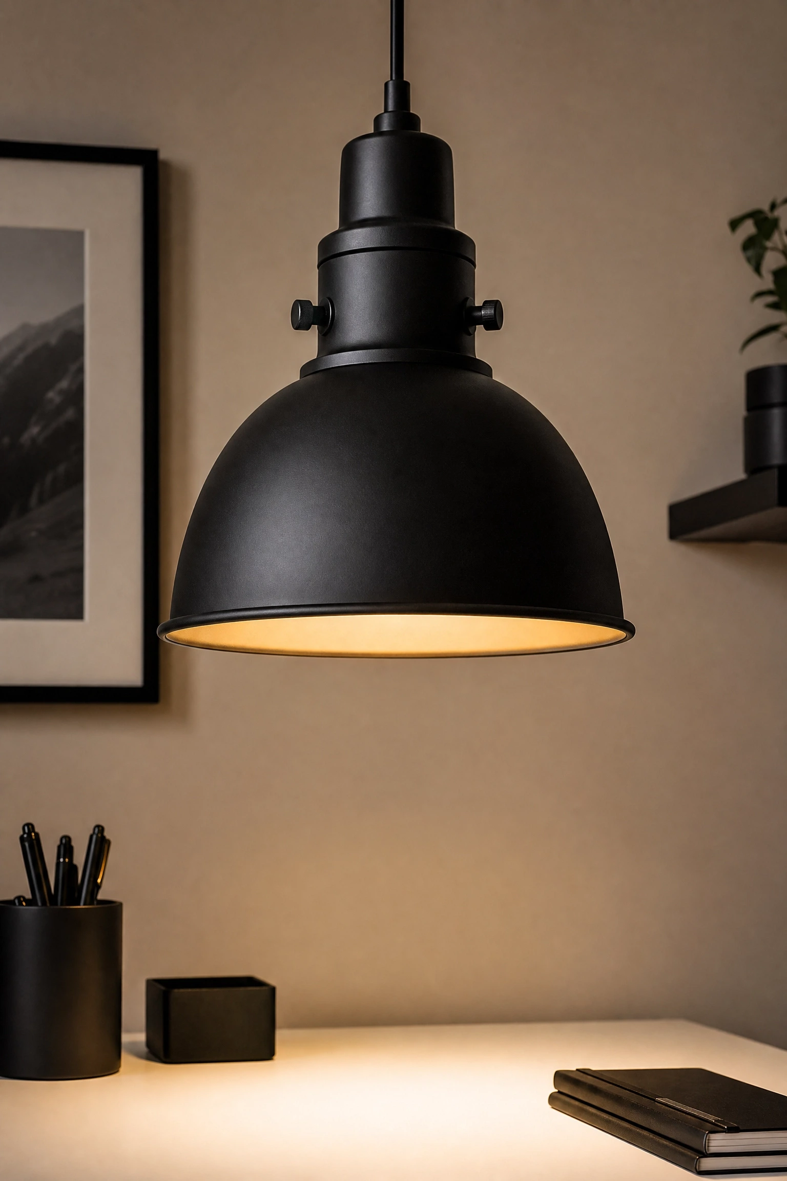 bring in black through lighting fixtures to add drama overhead in a office