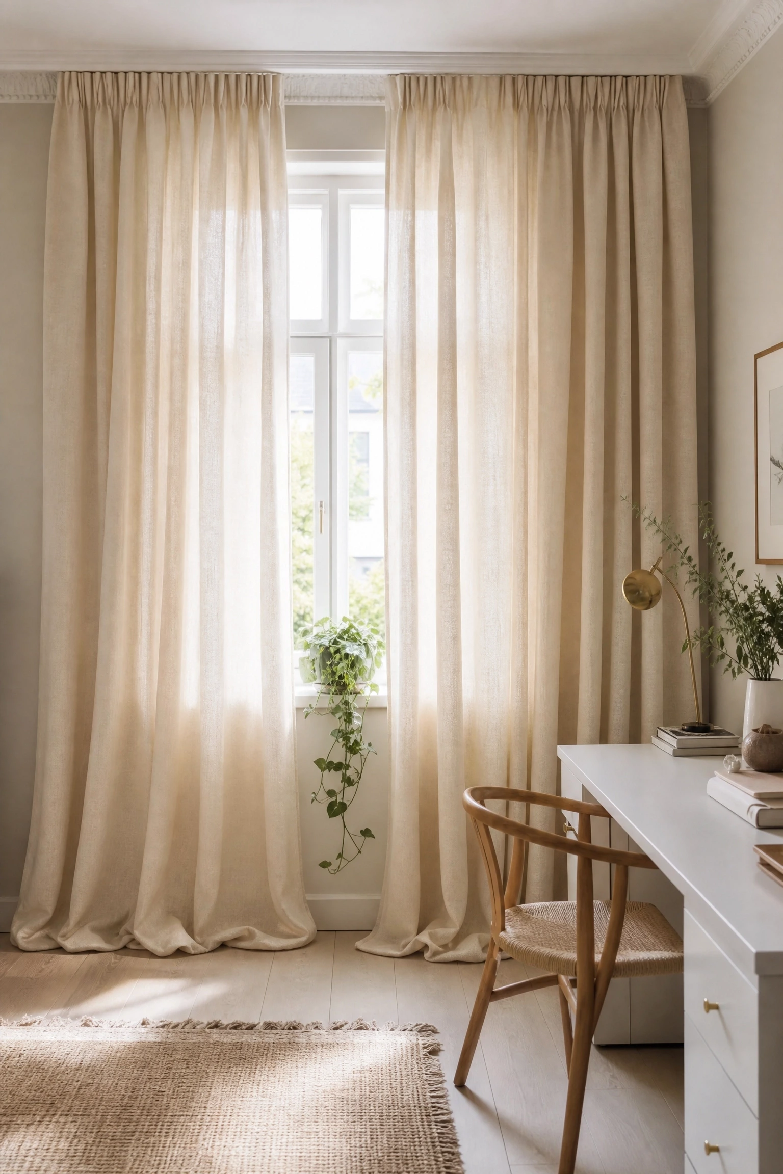 choose beige linen drapes to soften the window and filter the light in a office