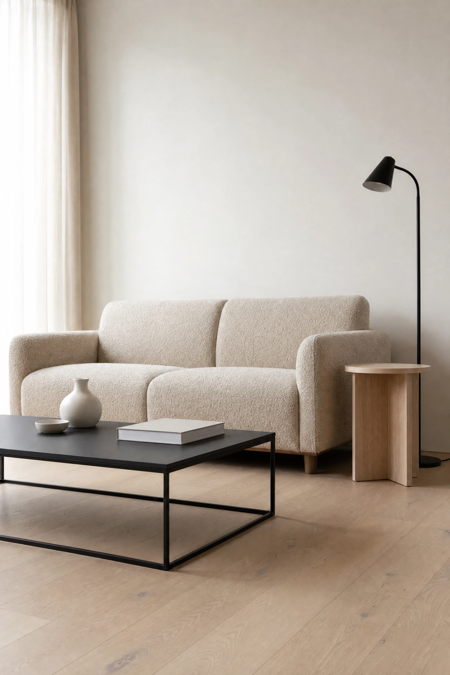 clean lines with a beige boucle sofa in a living room