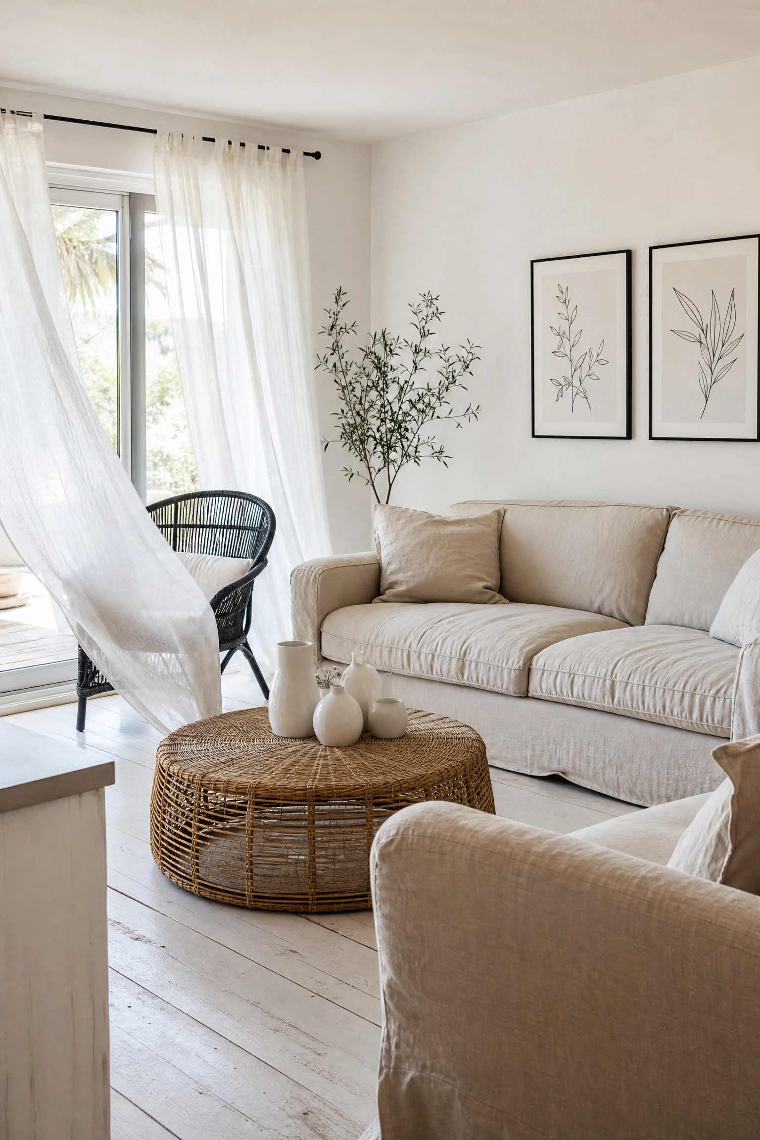 coastal chic with wicker, white, and sand in a living room