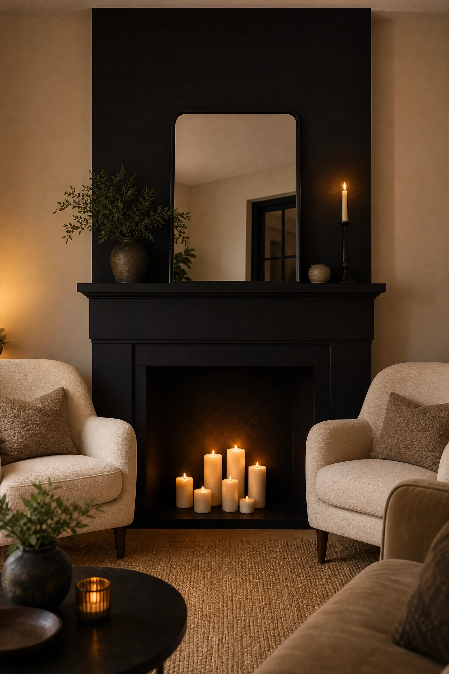 cream walls and a black fireplace surround in a living room