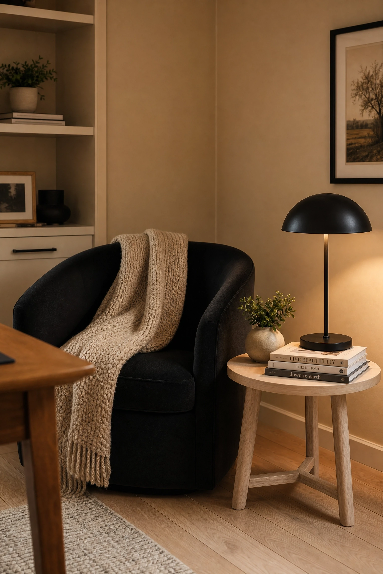 create a reading or thinking corner with a black accent chair and beige throw in a office