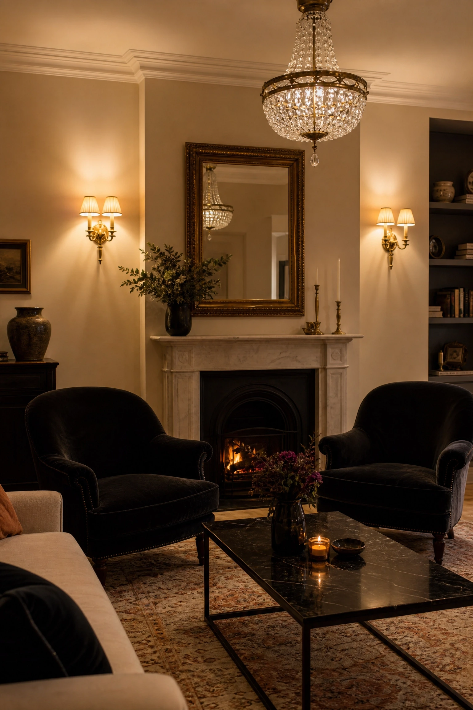 dark drama with black velvet armchairs and beige walls in a living room