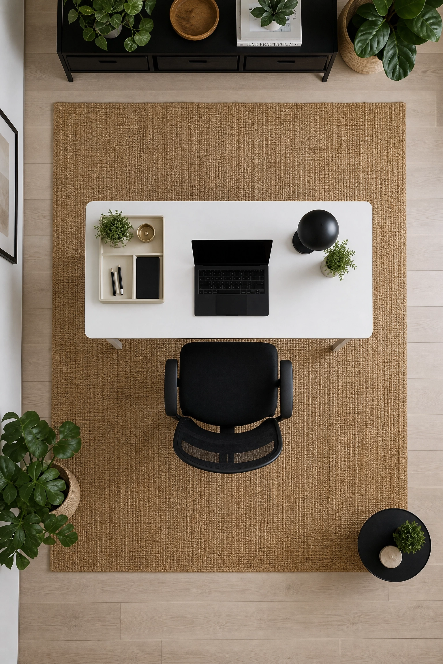 fix a choppy layout by using a beige rug to define the work zone in a office
