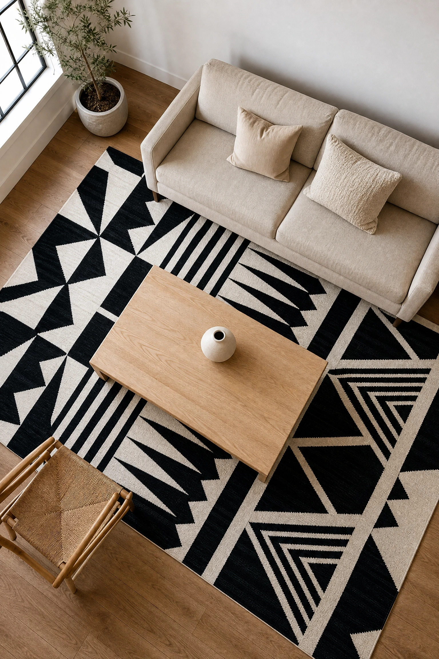 geometric black and white rug as the room's starting point in a living room