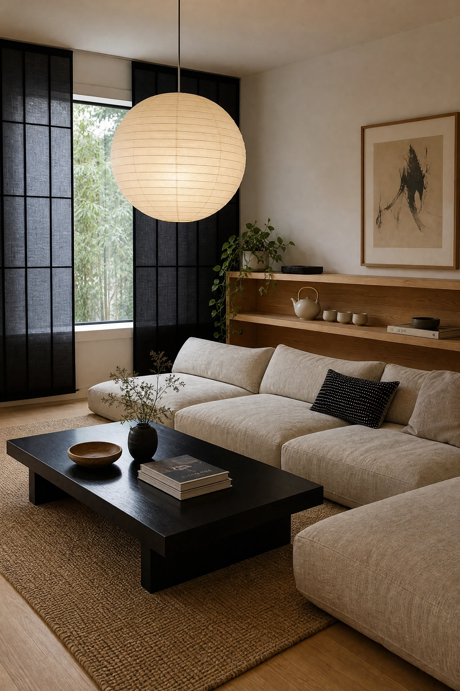 japandi-inspired calm with black low-profile furniture in a living room