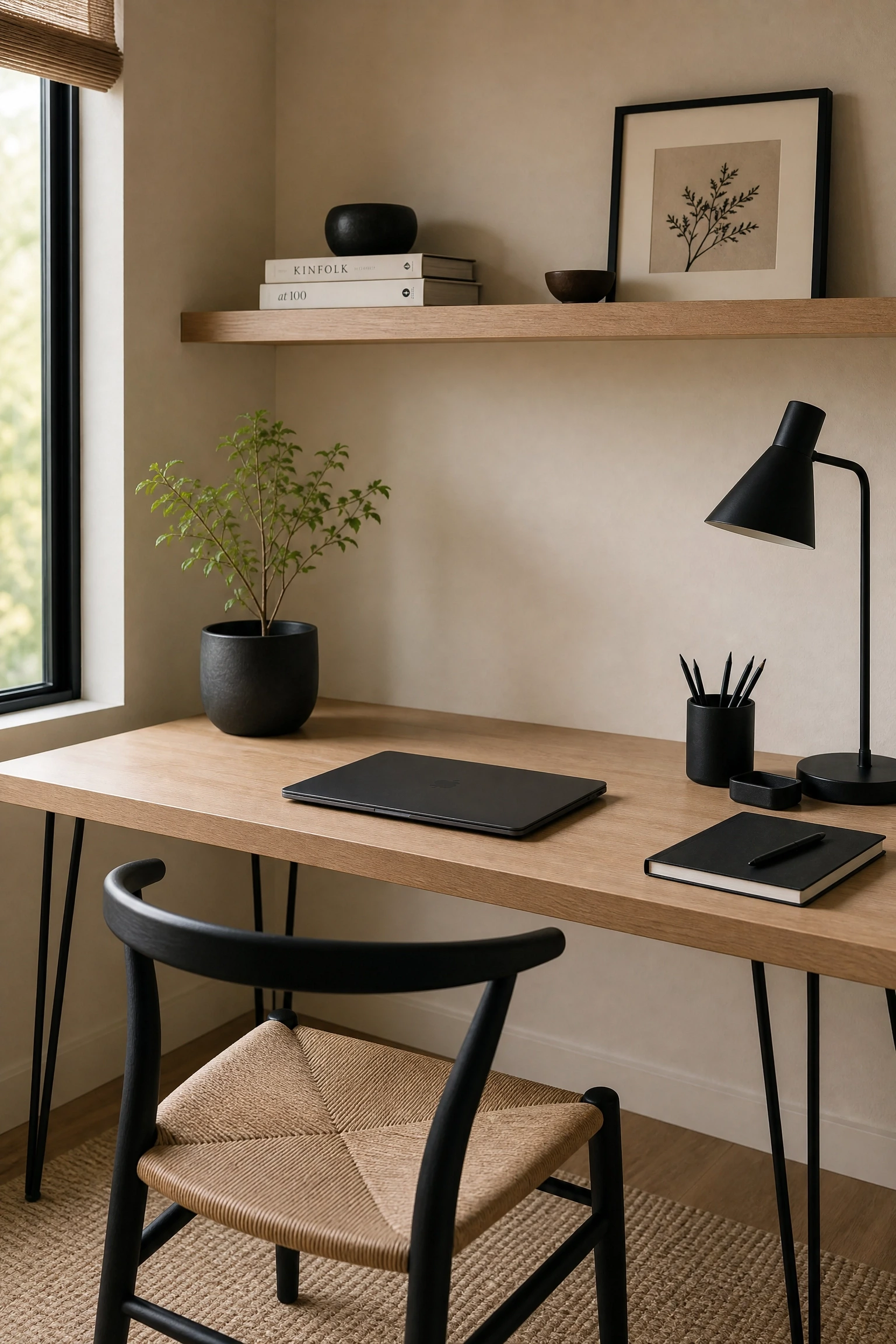layer in natural wood to warm up what the black and white cools down in a office