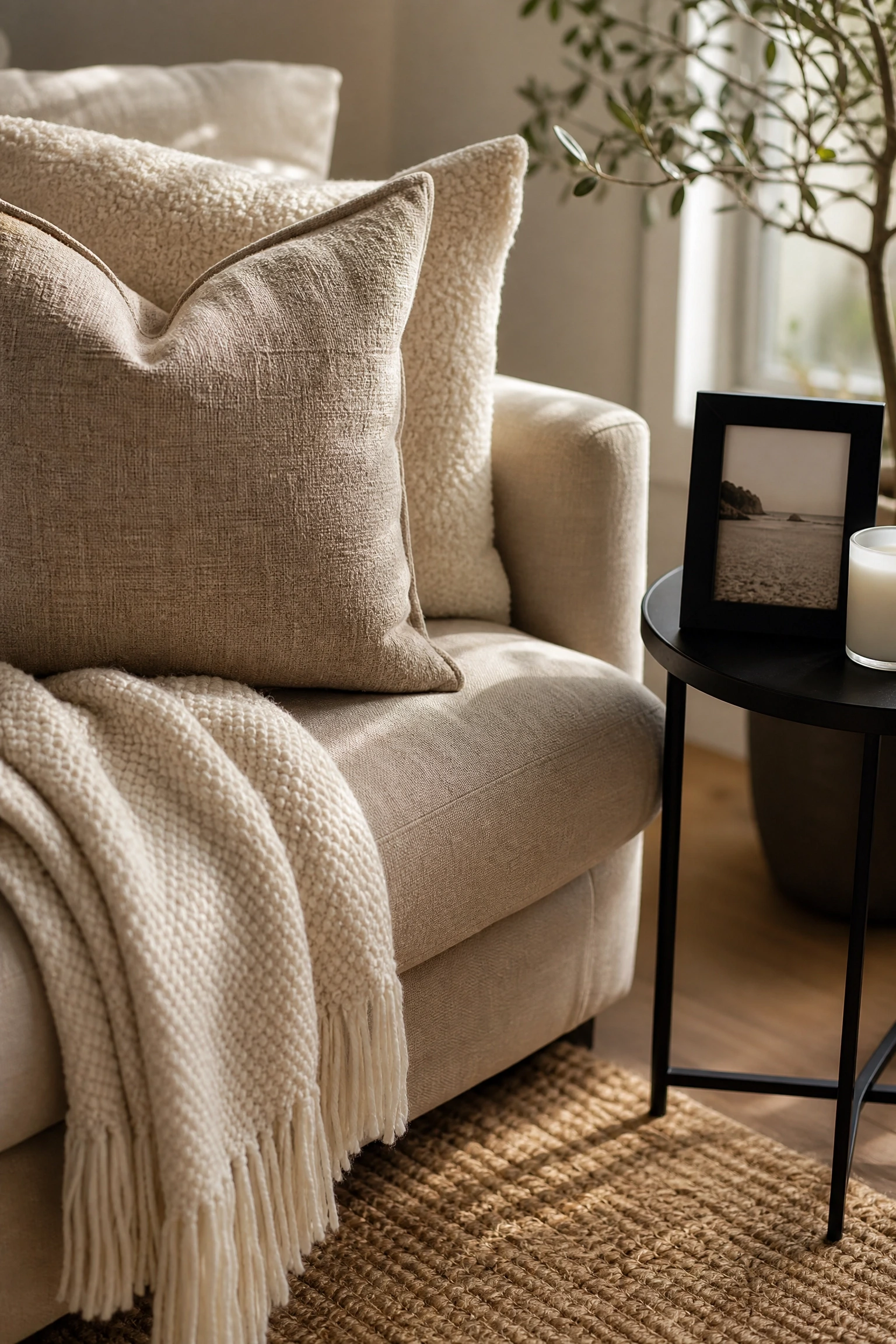 layered beige textiles with black metal accents in a living room
