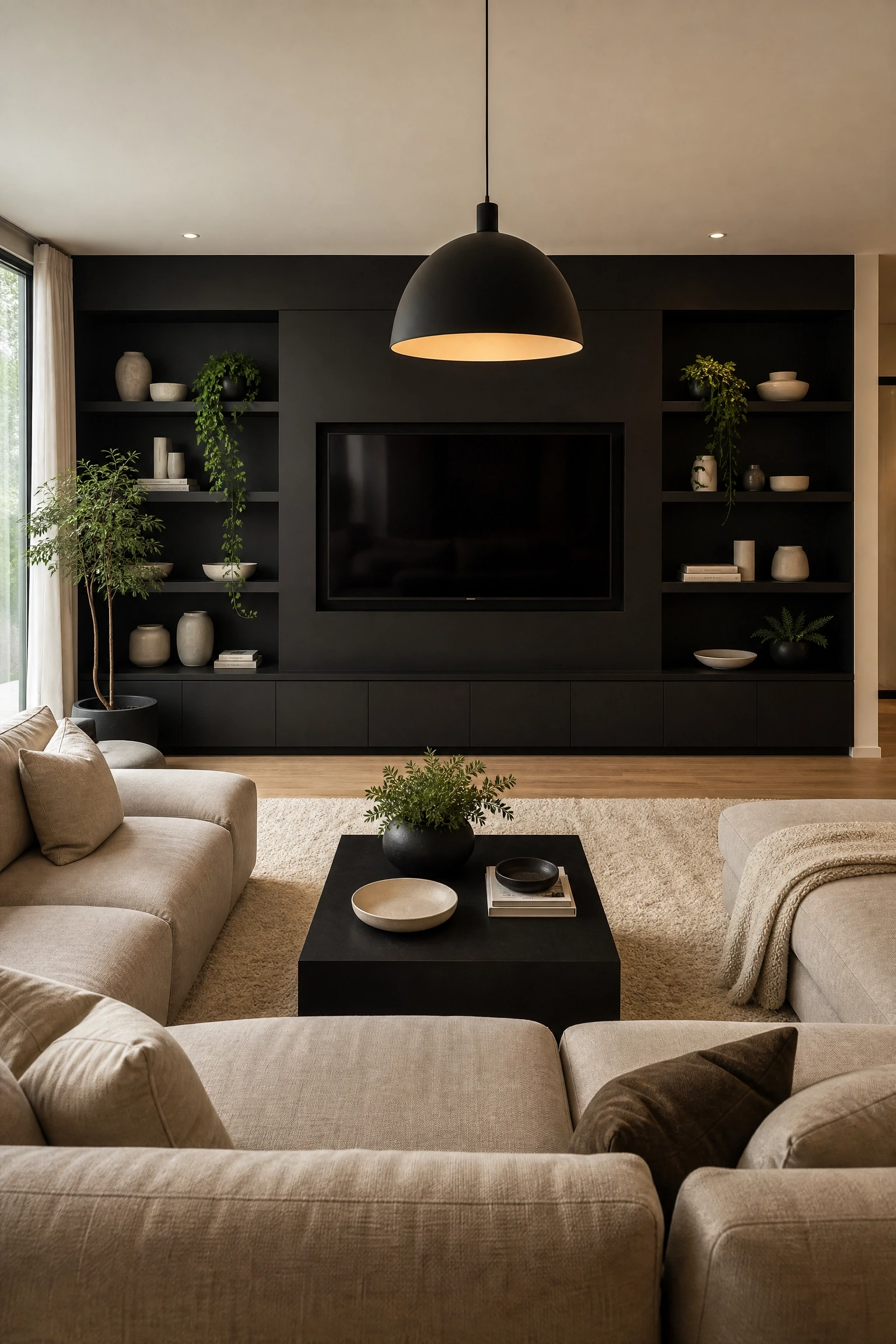 matte black media wall with floating shelves in a living room