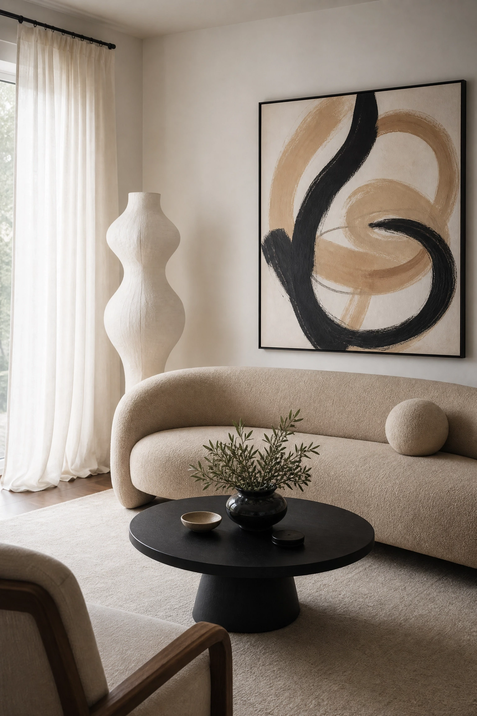 organic curves and sculptural silhouettes in a living room