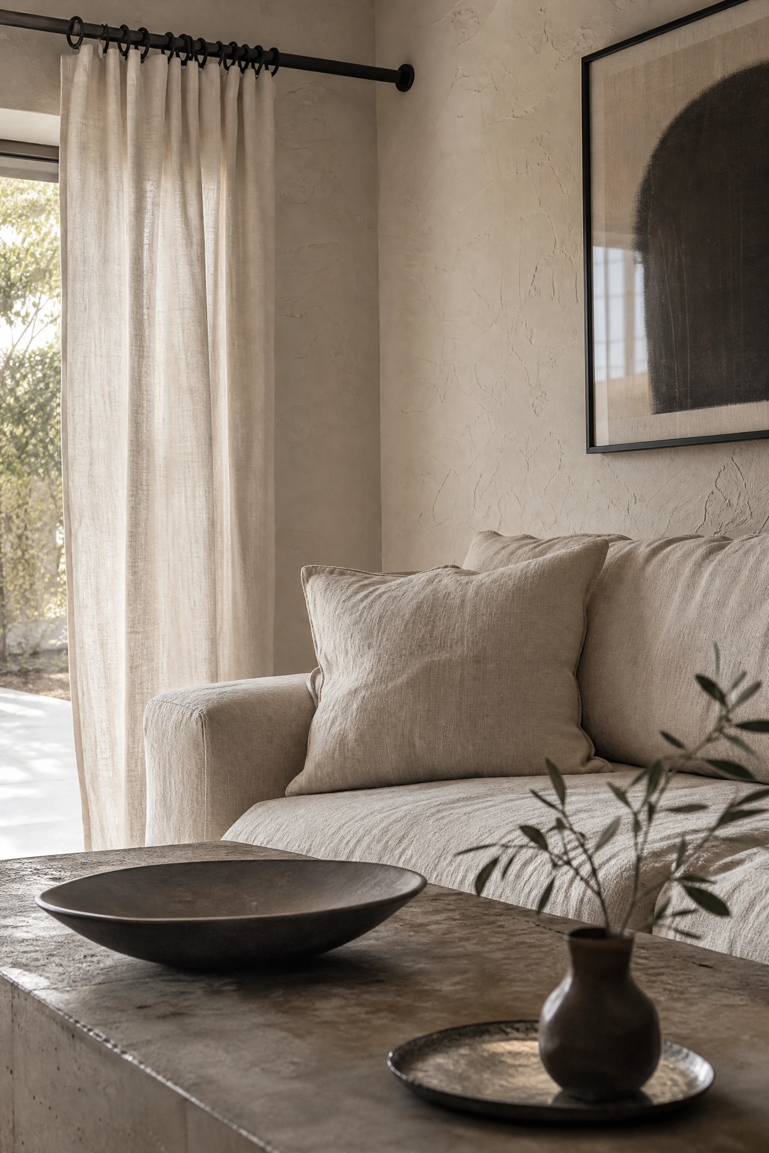 raw materials: linen, stone, and matte black hardware in a living room