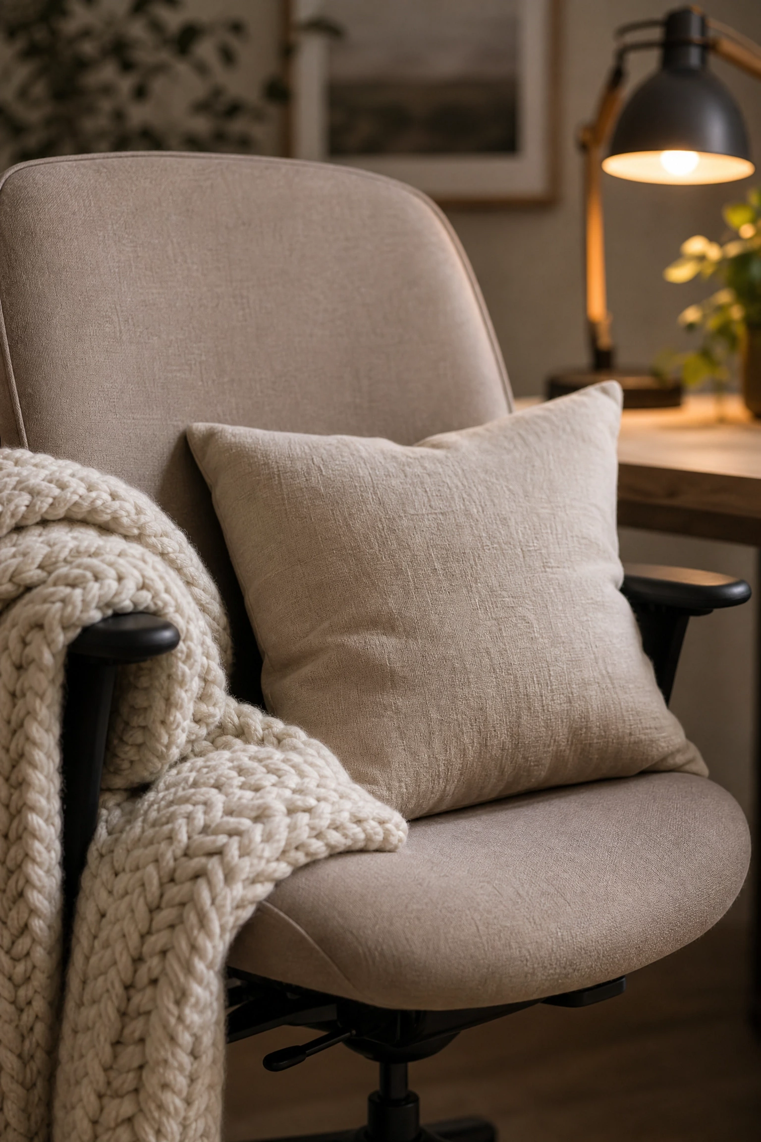 solve the cold monitor glow problem with warm beige textiles in a office