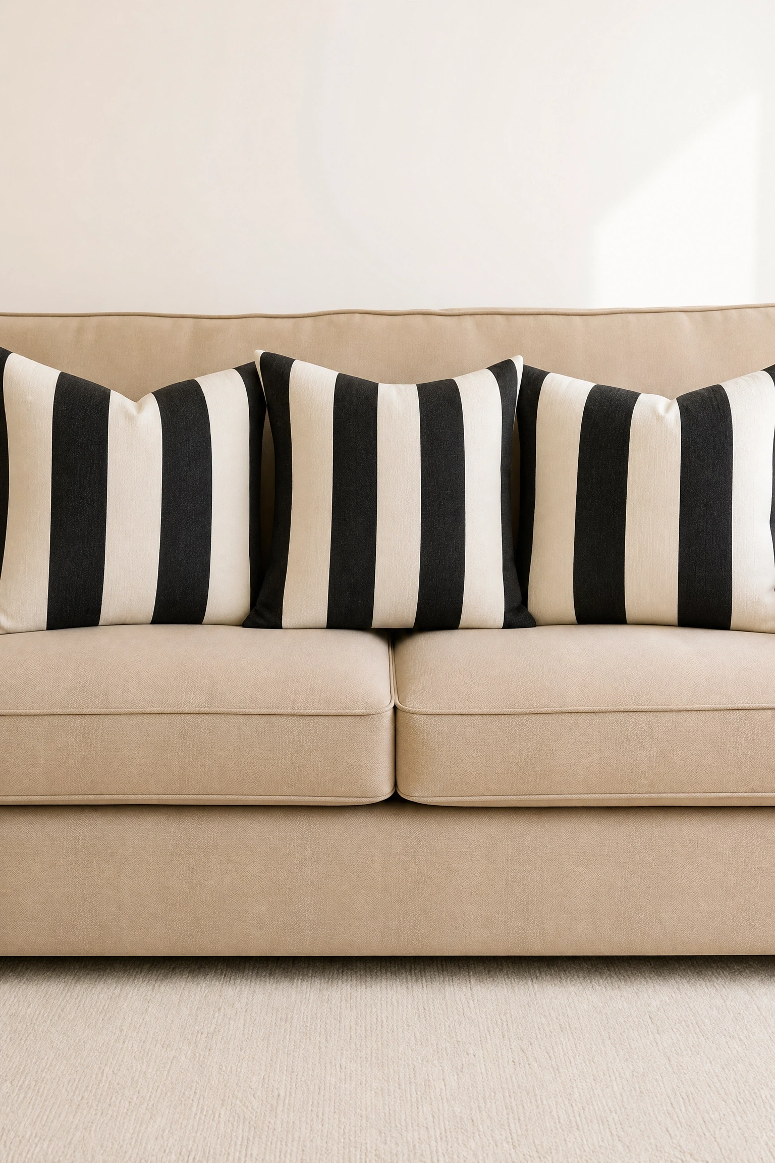 striped or patterned cushions as the only pattern in the room in a living room