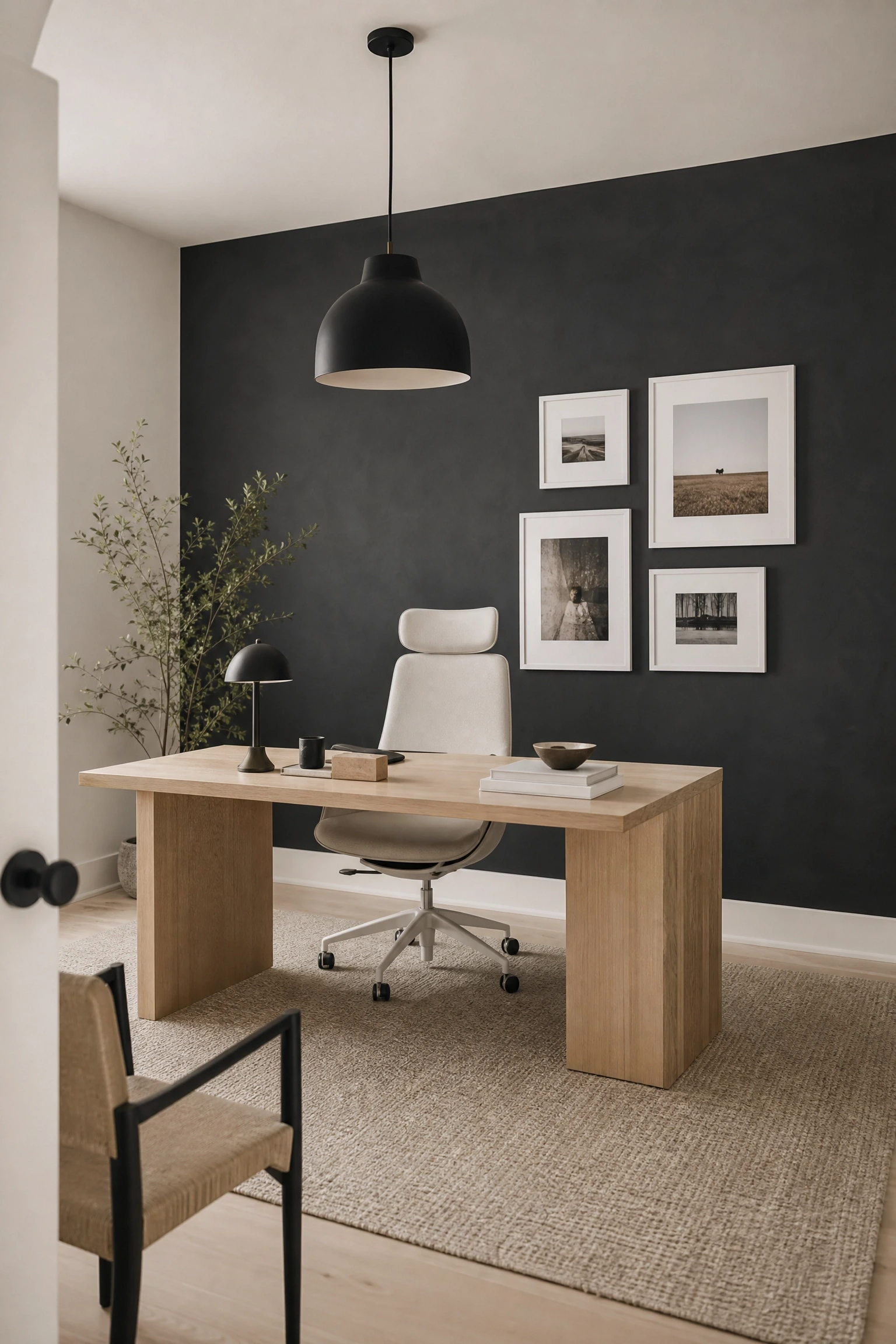 use a black accent wall to create focus without closing the room in in a office