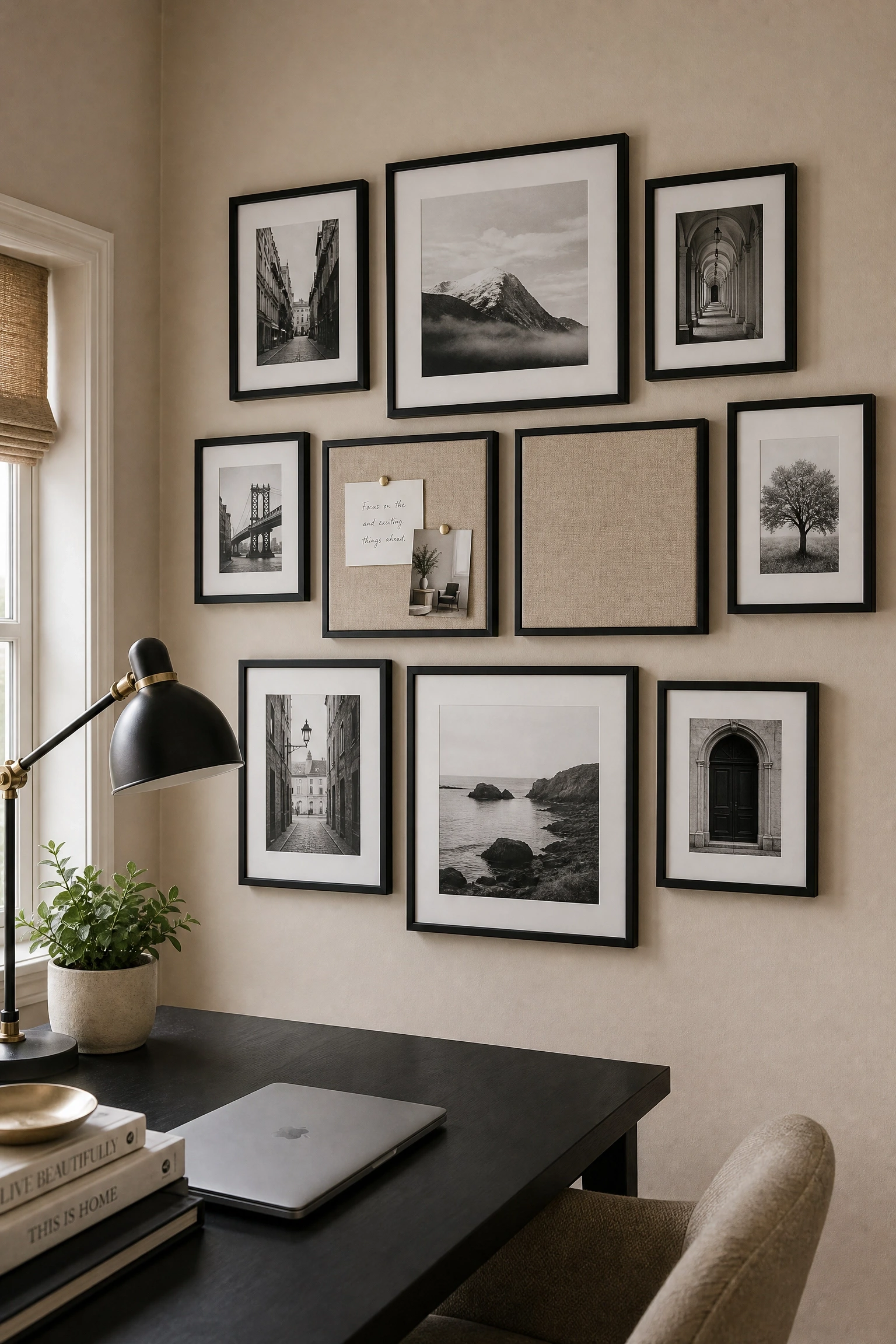 use a monochrome gallery wall as a functional pinboard alternative in a office