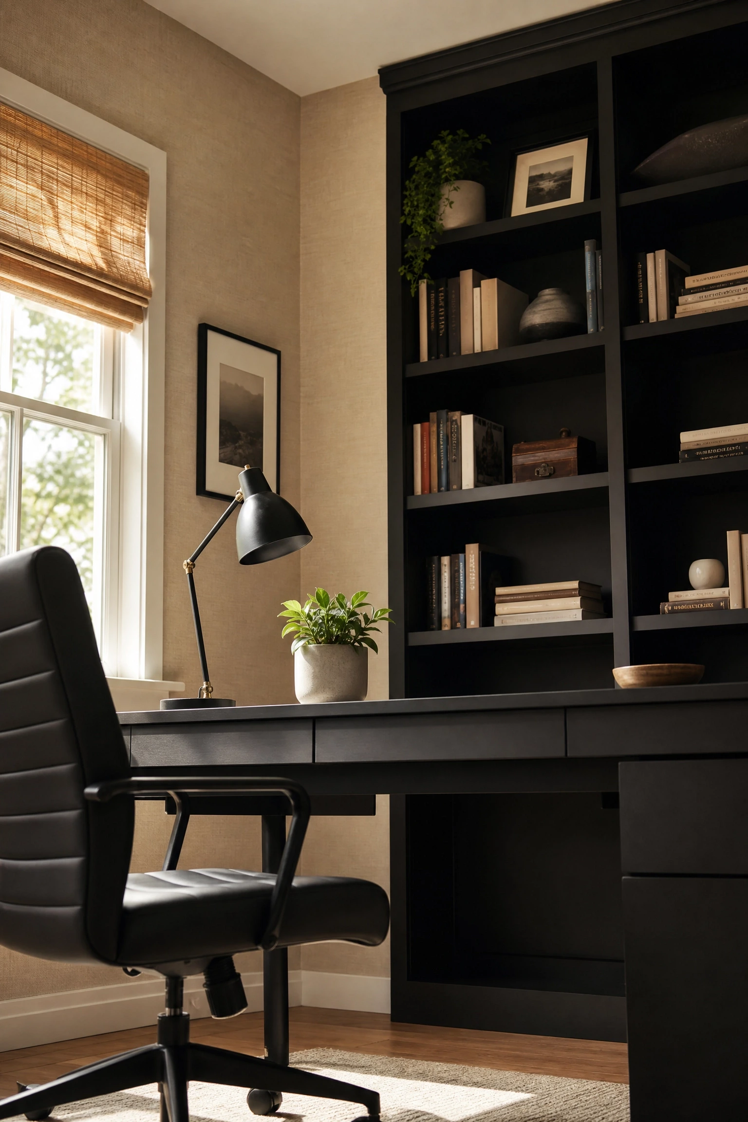 use beige walls to give black furniture room to breathe in a office