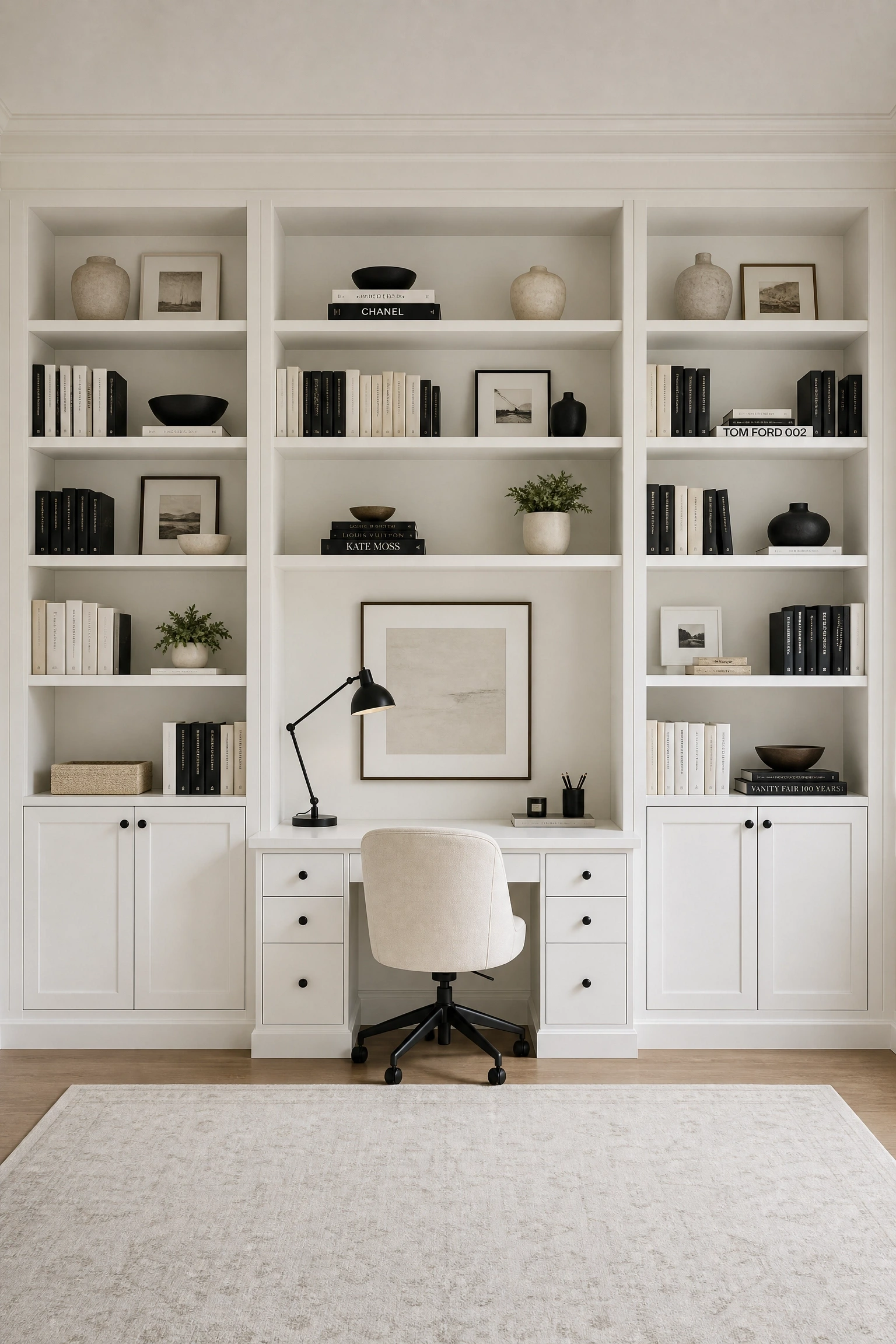use white built-ins to make a small office feel much larger
